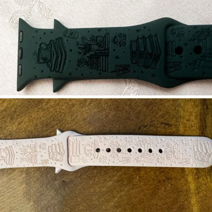 Engraved Floral Coffee Bookworm Literary Themed Watch Band for Apple
