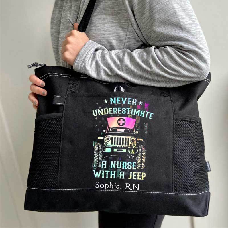 Never Underestimate A Nurse With A Jeep Personalized Tote Bag