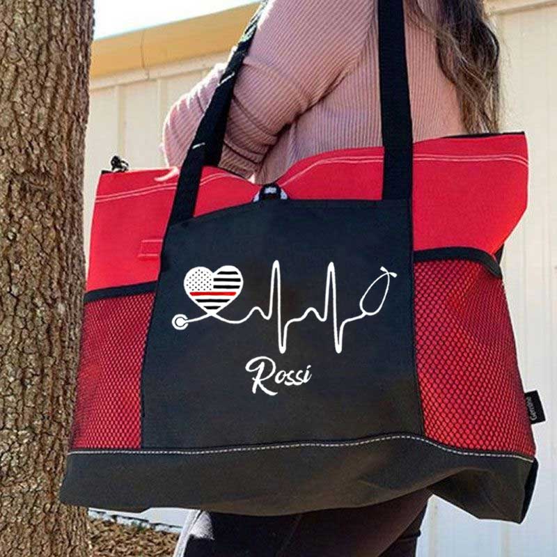 Personalized Thin Red Line Flag Heart Stethoscope Fire Rescue Tote Bag