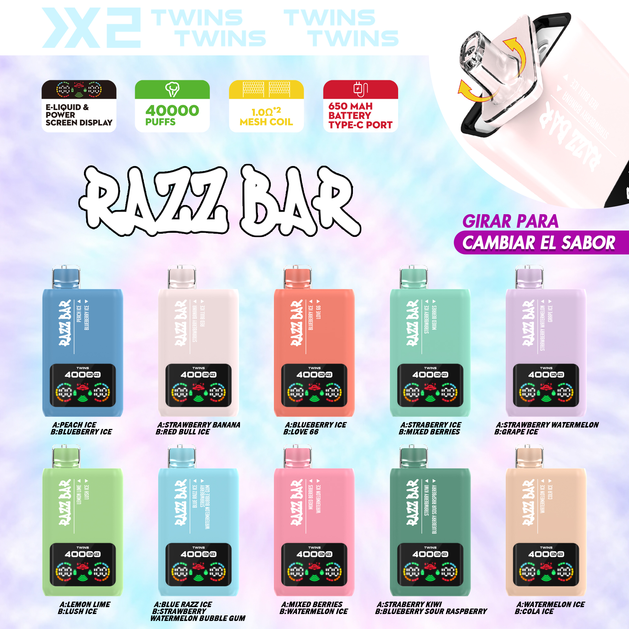 EU Wholesale Vape Pen E Cigarette Razz Bar 40000 Puff Vape Disposable E Cigarette Wape Double Flavors Razz Bar Vape Pen