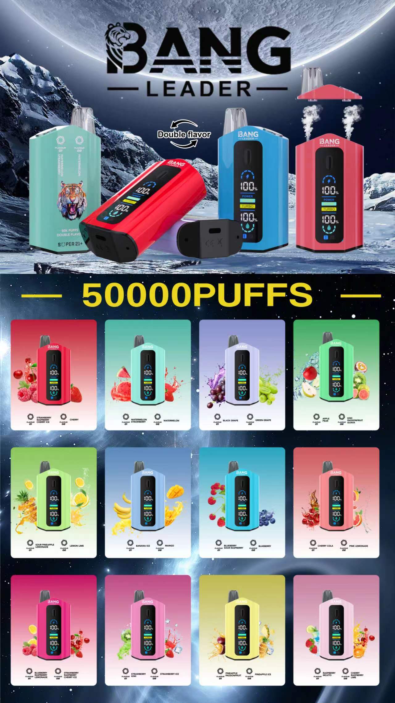 Bang Leader 50000 Puffs Dual Flavors Smart Screen Wholesale Vape Pen Bang 50K Puff Electronic Cigarette