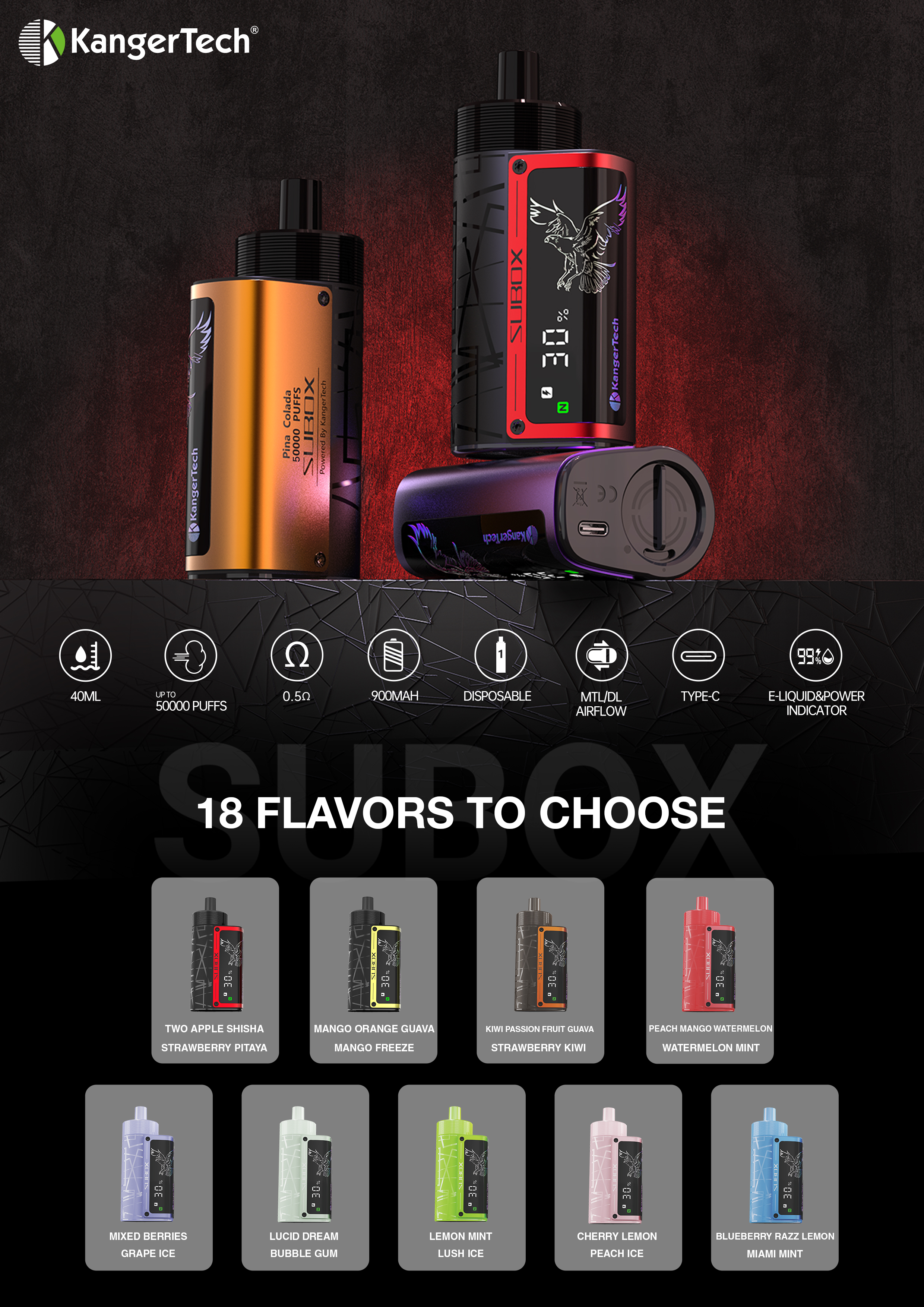 Kanger Subox Mini Mesh Coil Disposable 50000 Puff Puffbar Vapor Ecig Bang Vape Vaporizer Wholesale E Cigarette