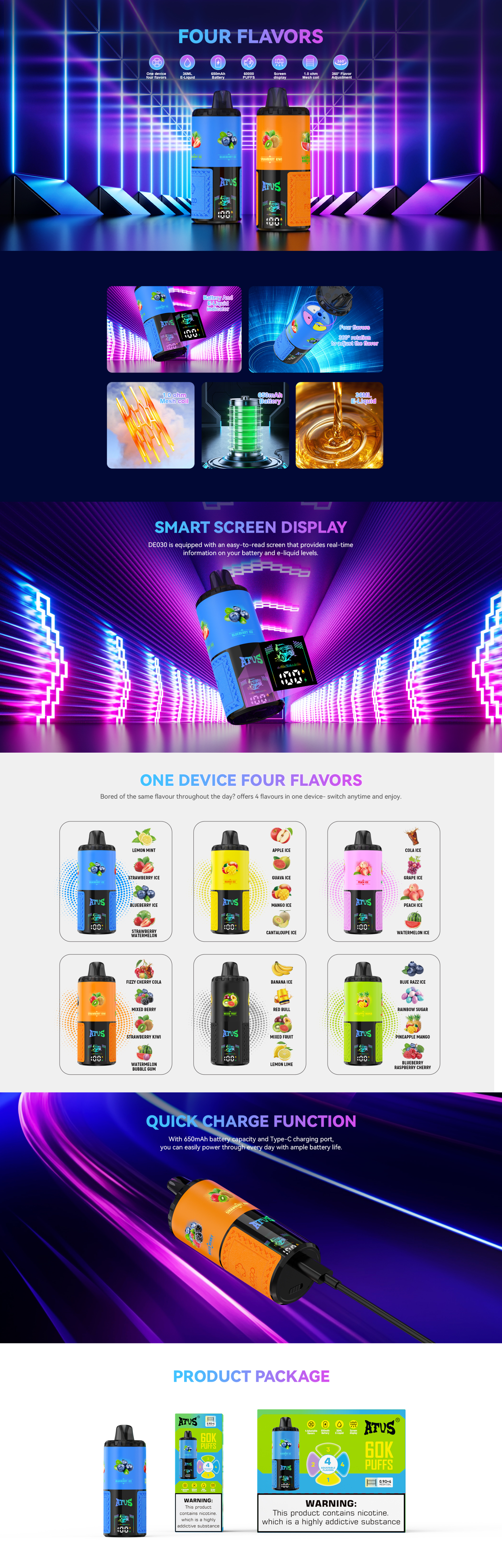 Atvs 60000 Puffs 4 in 1 Flavors Disposable Vape 60K 50K Rotating System 60ml E-Liquid Large Smoke Online Shopping Digital Screen