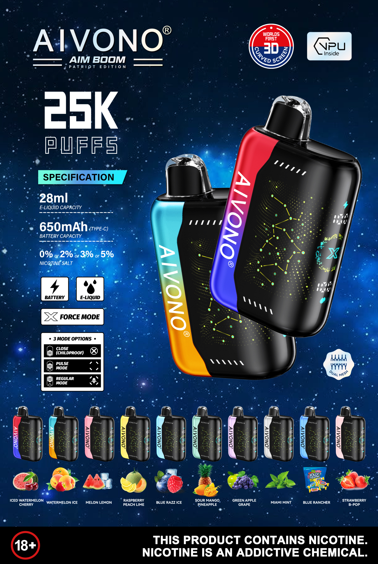 Original Aivono Aim Boom 25000 Puffs Nicotine Salt Content: 5% /3%/2%/0% Disposable Electronic Cigarette Fruit Flavor Latest Starry Screen Factory