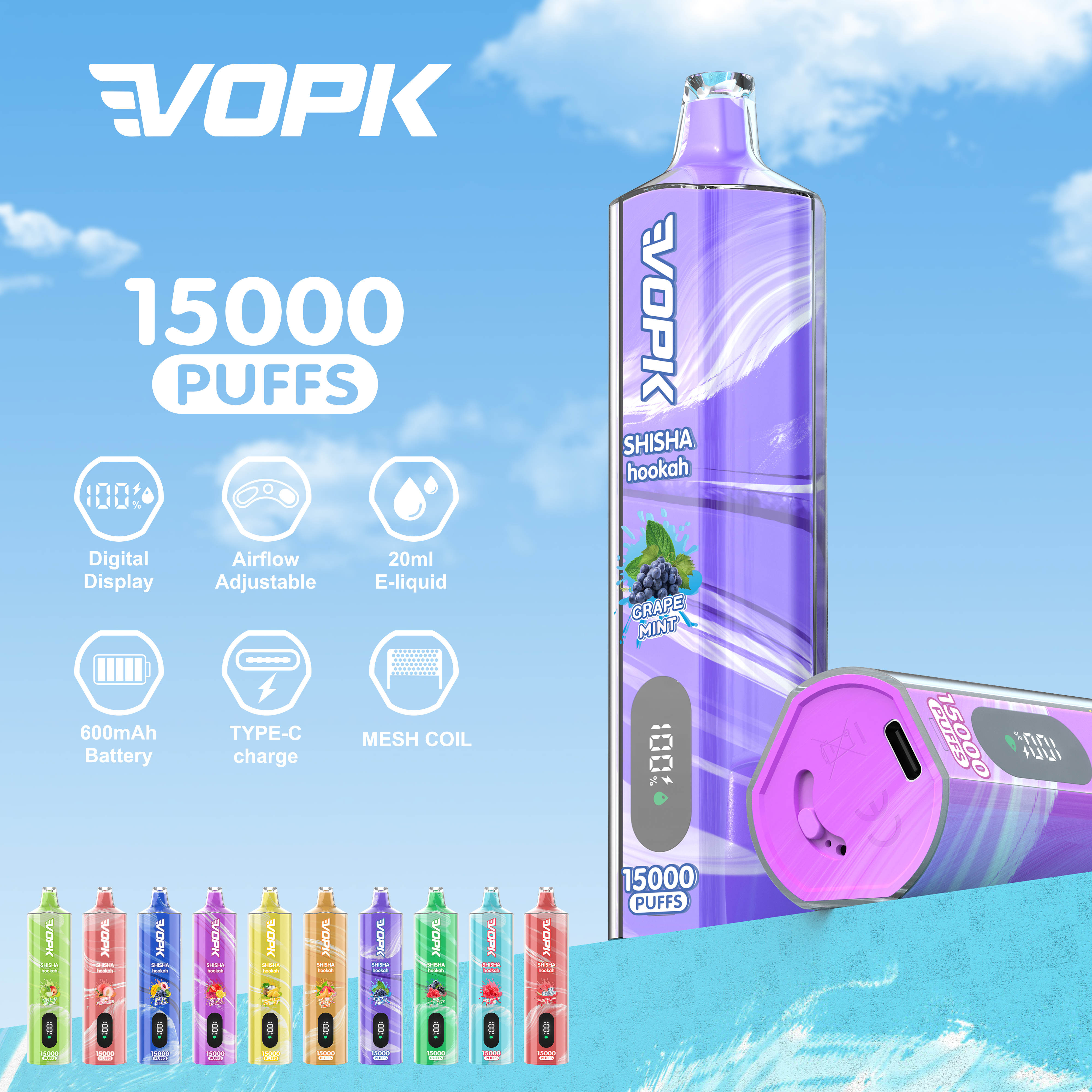 Pocket Hookah Original Vopk Shihsa Hookah 15000 Puffs Disposable Electronic Cigarette Vaporizer 650mAh Rechargeable Mesh Coil