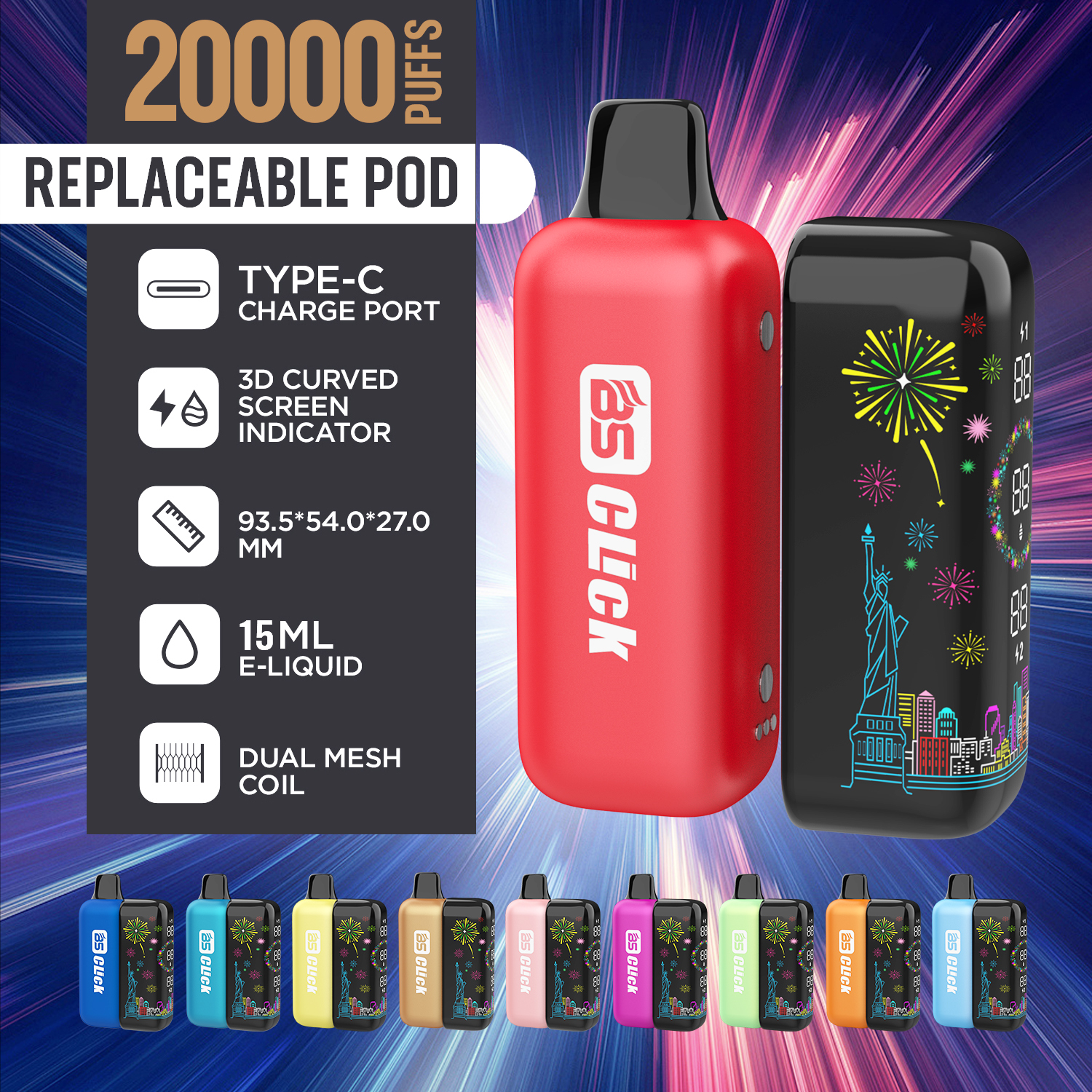 Breze Stiik BS Click Mesh Replacement Disposable Vape Pod with 20000 Puffs E-Cig Tank E-Cigarette Vape Pen 20K Vapor