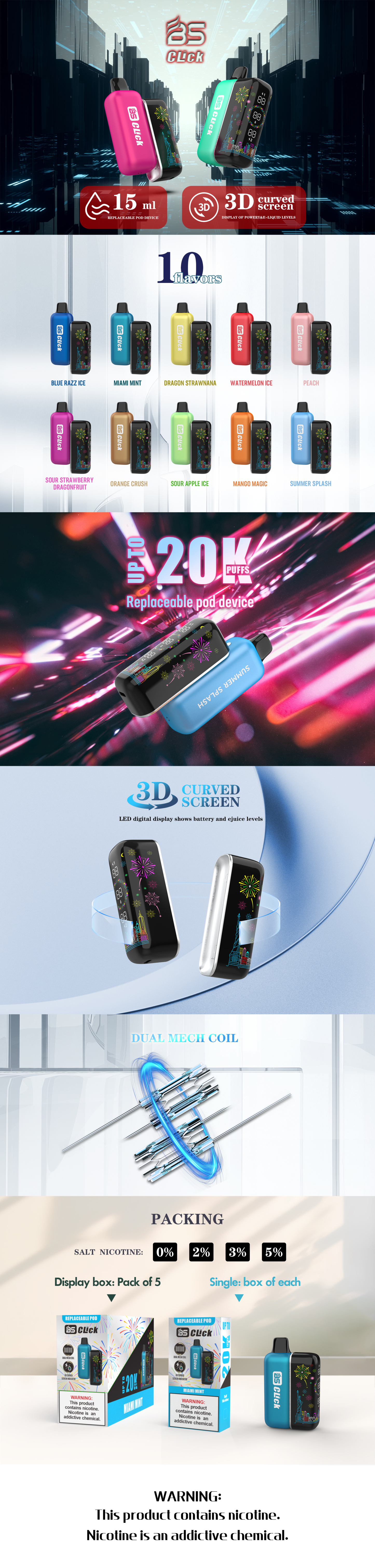 Breze Stiik BS Click Mesh Replacement Disposable Vape Pod with 20000 Puffs E-Cig Tank E-Cigarette Vape Pen 20K Vapor