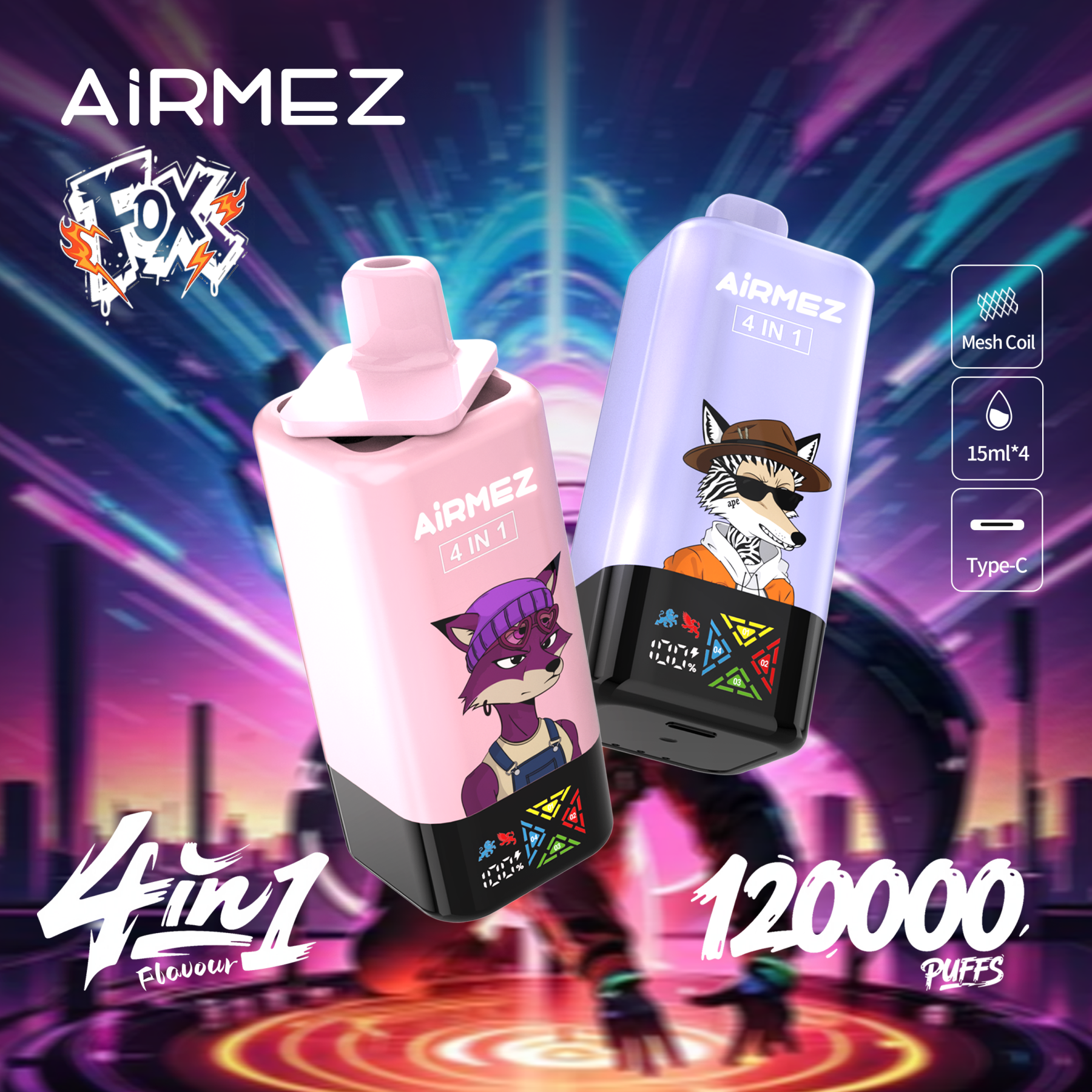 Airmez 120000 Puff 120K Puffs 100000 Puff Triple Flavors 4 In1 Vaper Airmez Fox 120000 Puffs 85K 50K Disposable Vape Big Screen Vape