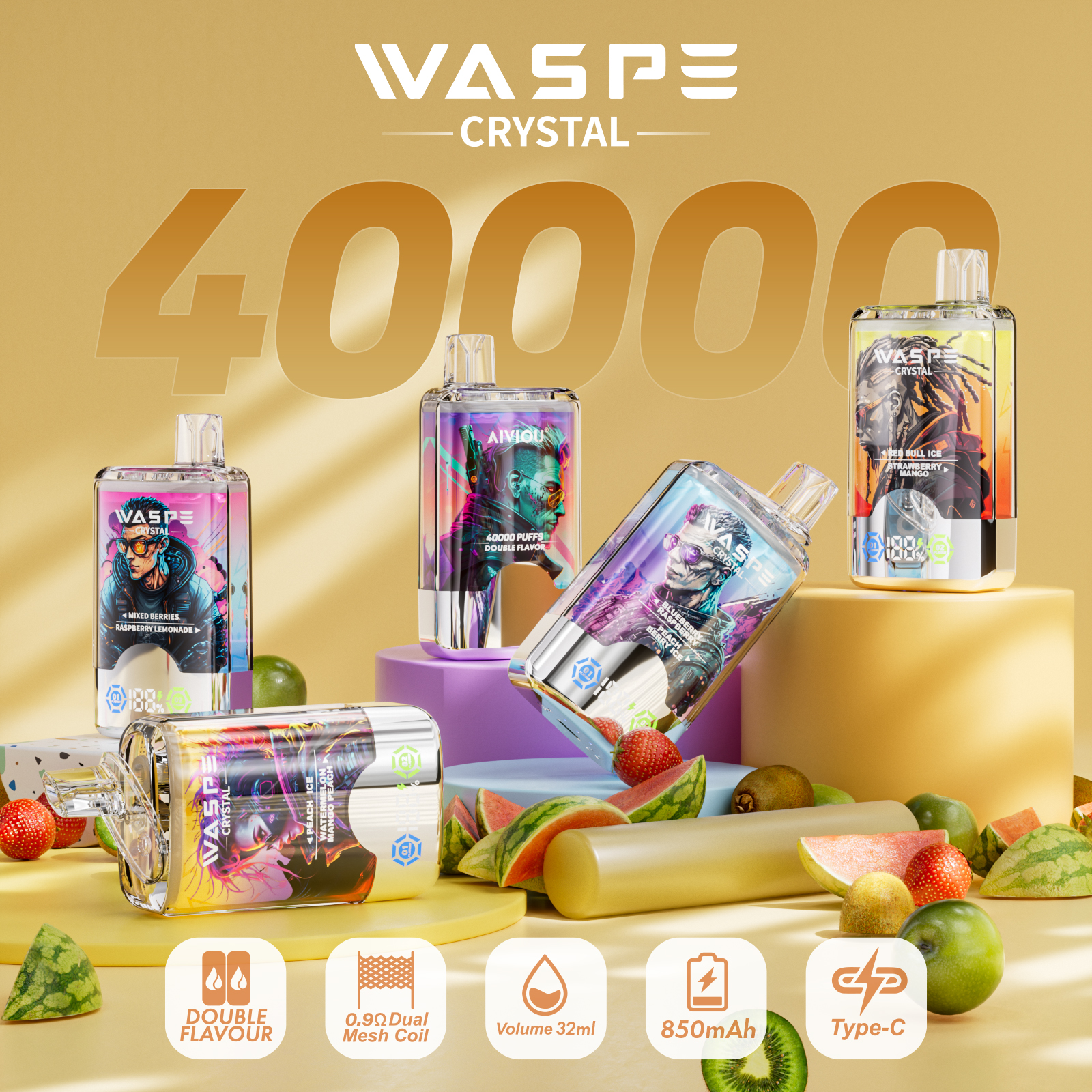 Waspe Vape 40000 Twin Flavor Waspe 40K E Vape Crystal Electronic Cigarette Disposable Vape