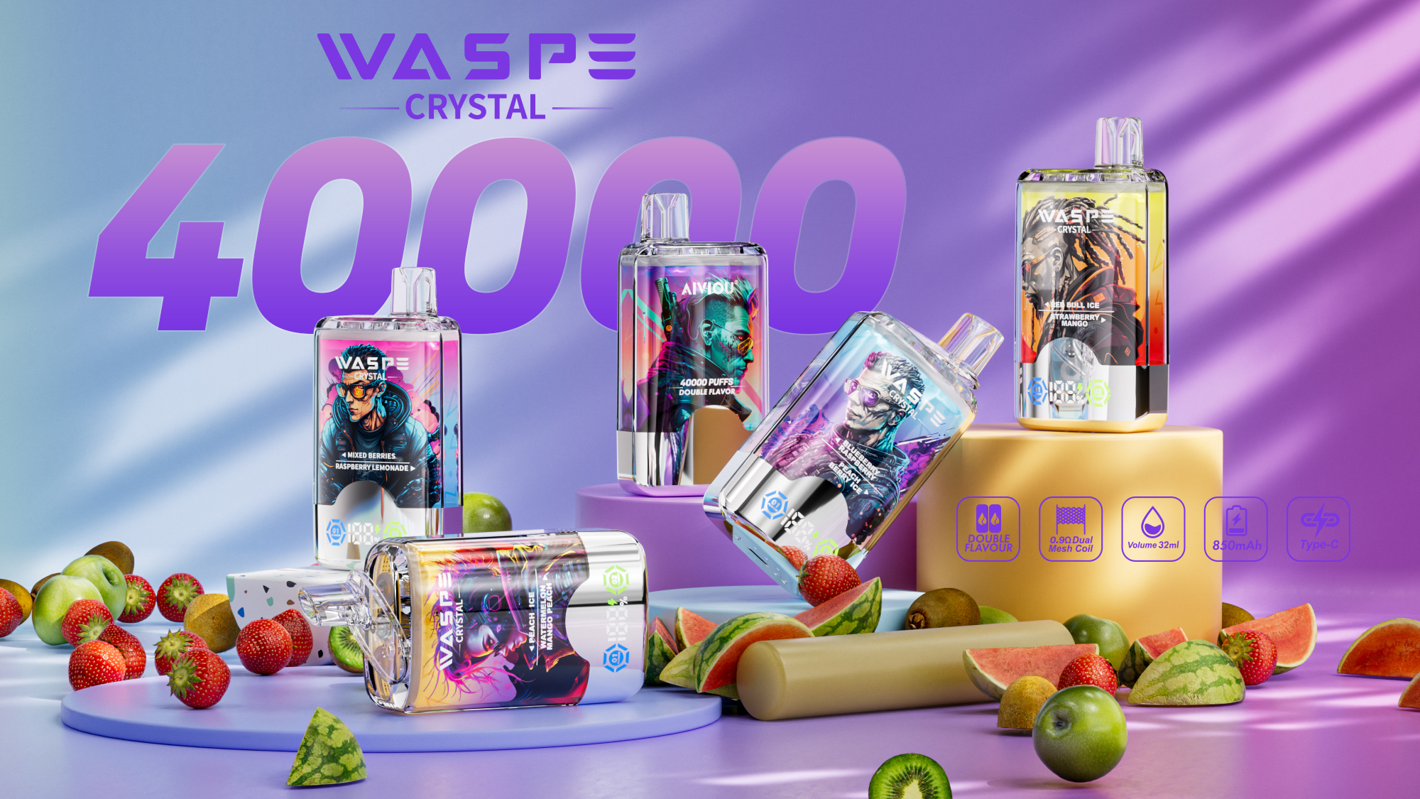 Waspe Vape 40000 Twin Flavor Waspe 40K E Vape Crystal Electronic Cigarette Disposable Vape
