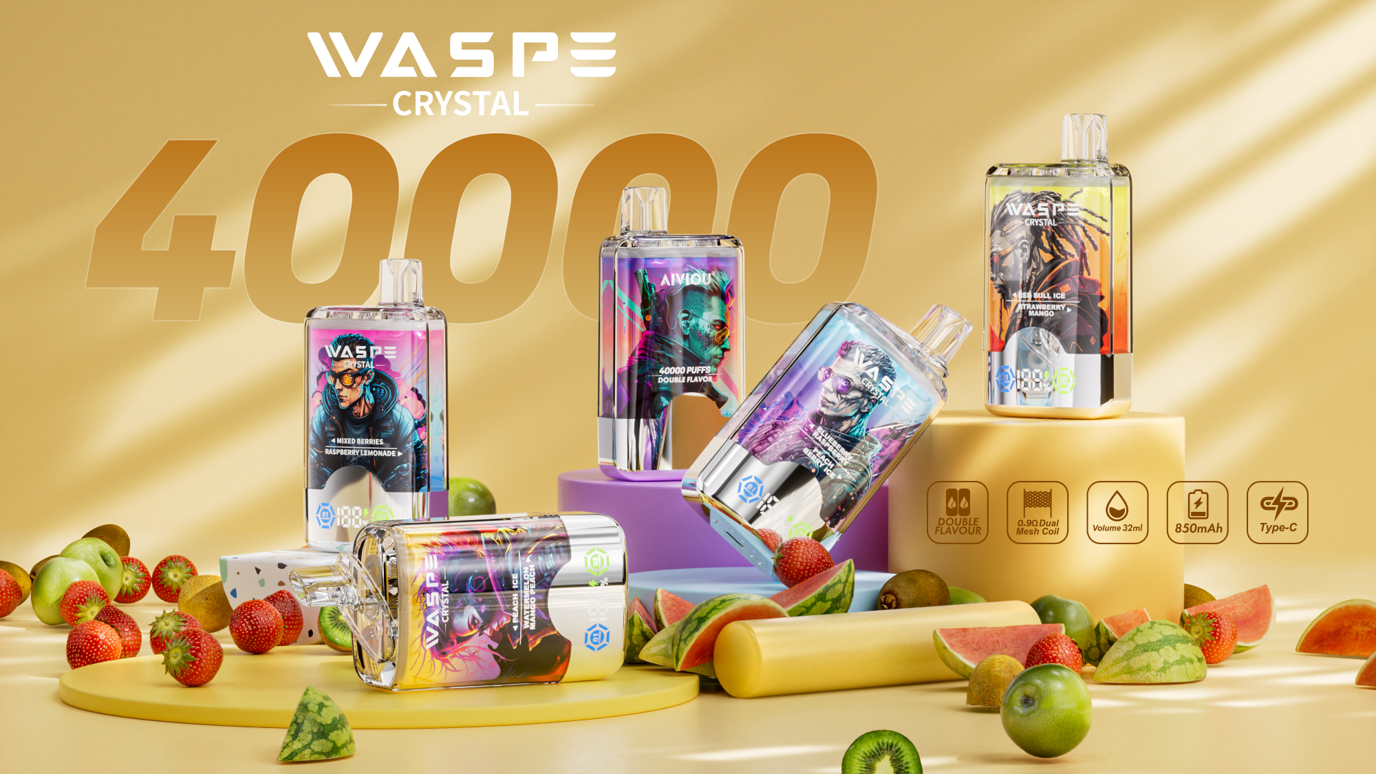 Waspe Vape 40000 Twin Flavor Waspe 40K E Vape Crystal Electronic Cigarette Disposable Vape