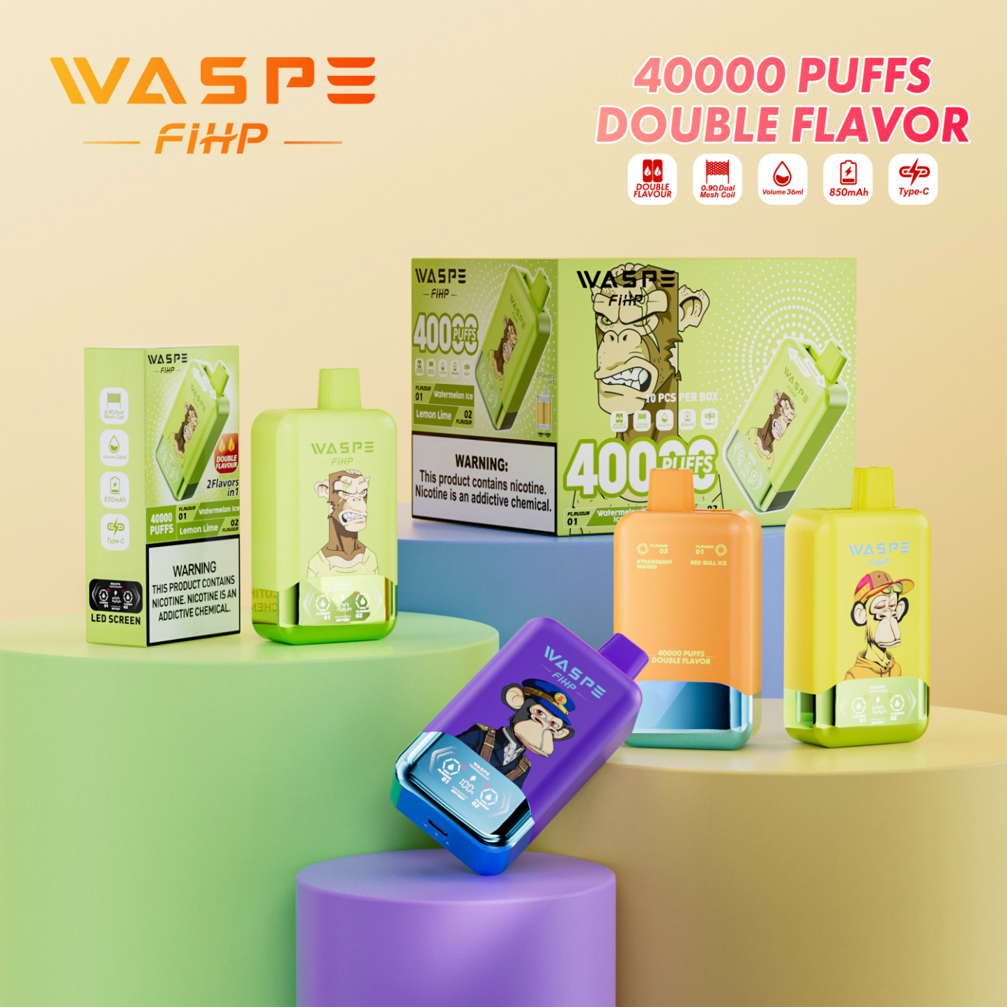 Waspe 40000 Puffs 2 in 1 Vaper Puff Bar Wholesale Disposable Vape Pen E Cigarette  40K Dual Flavors Twins Vapes  Ecigs