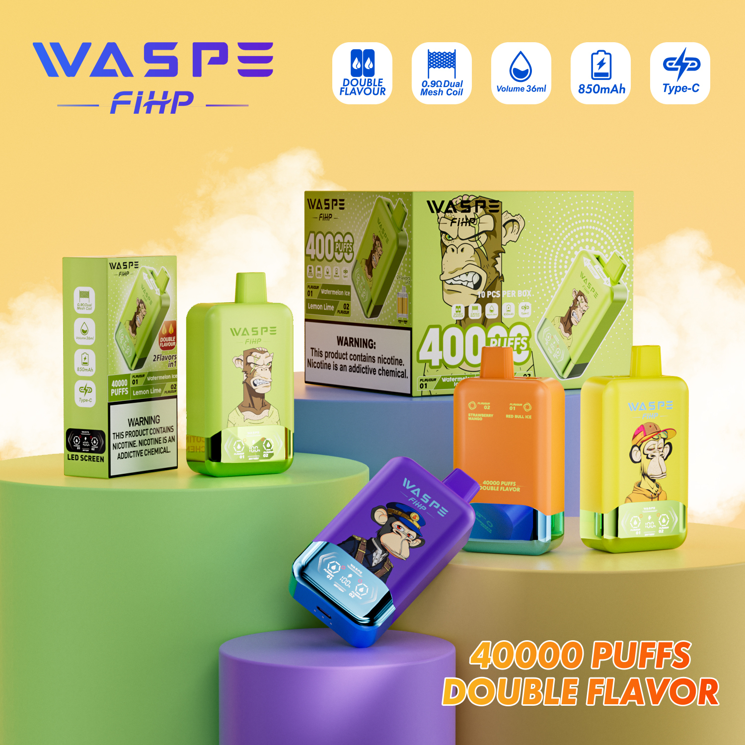 Waspe 40000 Puffs 2 in 1 Vaper Puff Bar Wholesale Disposable Vape Pen E Cigarette  40K Dual Flavors Twins Vapes  Ecigs