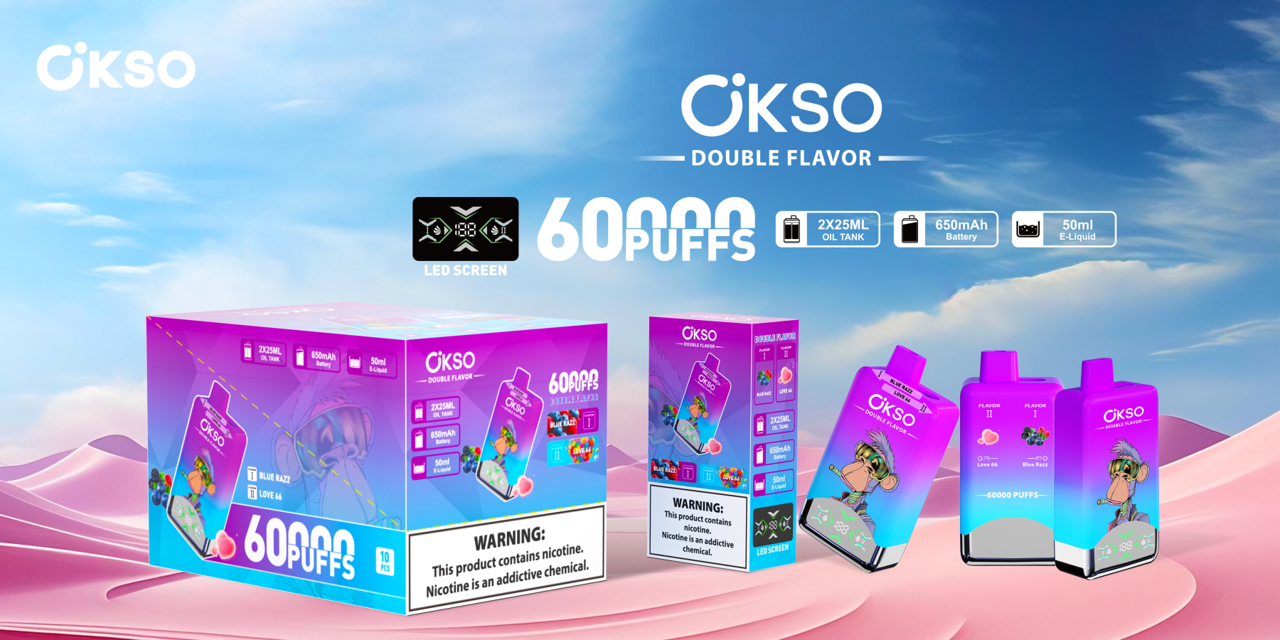  Okso 60000puffs Double Flavor 2 in 1 Disposable Vape Pen 60K Puffs Wholesale E Cigarette Vape Factory 60000puffs