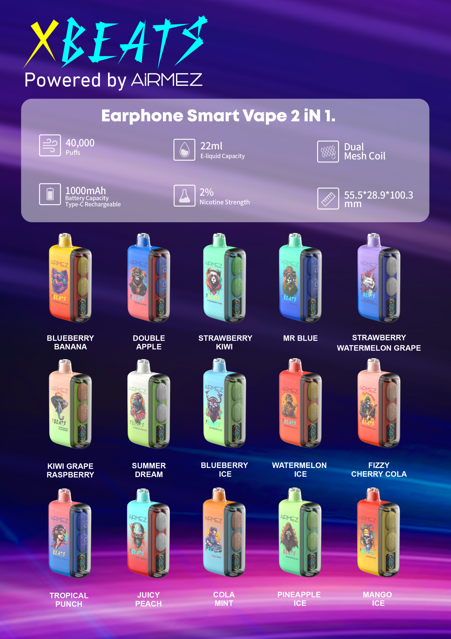 EU Warehouse High Quality Vape Airmez Xbeat Earphone Vaper 40000 Puff 40K Smart E Cigarette Pod Wholesale Rechargeable Video Disposable Vape Poland