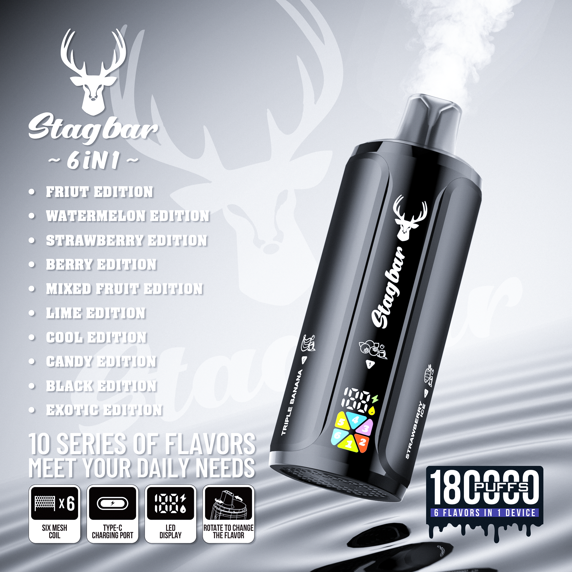 Stag Bar 6in1 180K Puffs Disposable Vape Pod Vapers 100K 80K 75K 1200K Puffs Vaporizer E Hookah Vape Cartridge Pods Stagbar 6in1 180000 Puff
