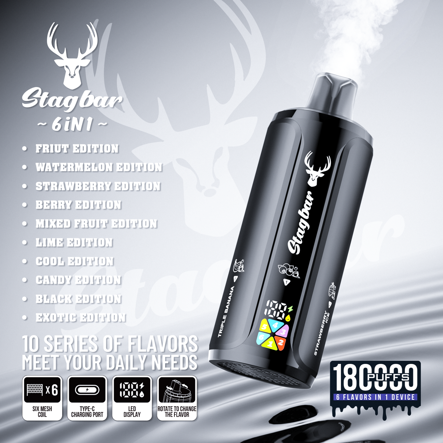 Stag Bar 6in1 180K Puffs Disposable Vape Pod Vapers 100K 80K 75K 1200K Puffs Vaporizer E Hookah Vape Cartridge Pods Stagbar 6in1 180000 Puff