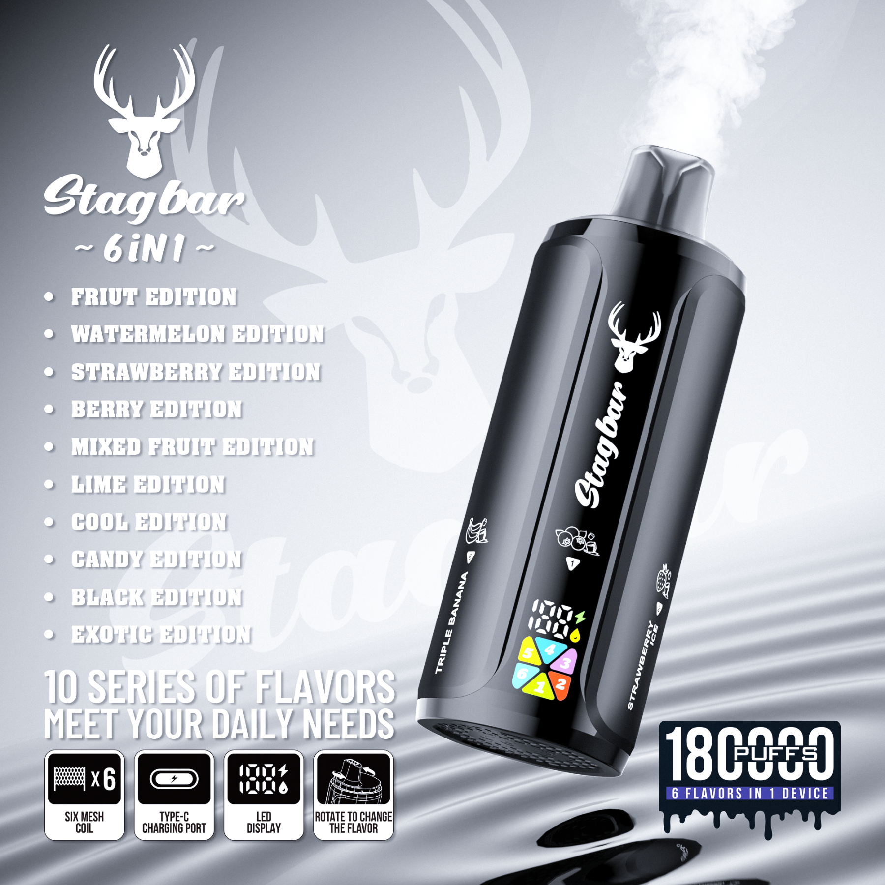 Stag Bar 6in1 180K Puffs Disposable Vape Pod Vapers 100K 80K 75K 1200K Puffs Vaporizer E Hookah Vape Cartridge Pods Stagbar 6in1 180000 Puff