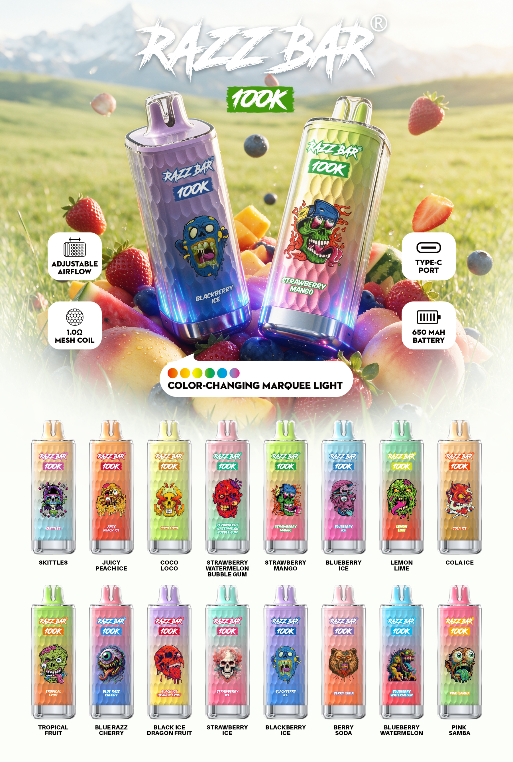 Razzbar 100K Puff Disposable Vape Pen E Cigarette 10000 Puffs Razz Bar Disposable Vape 