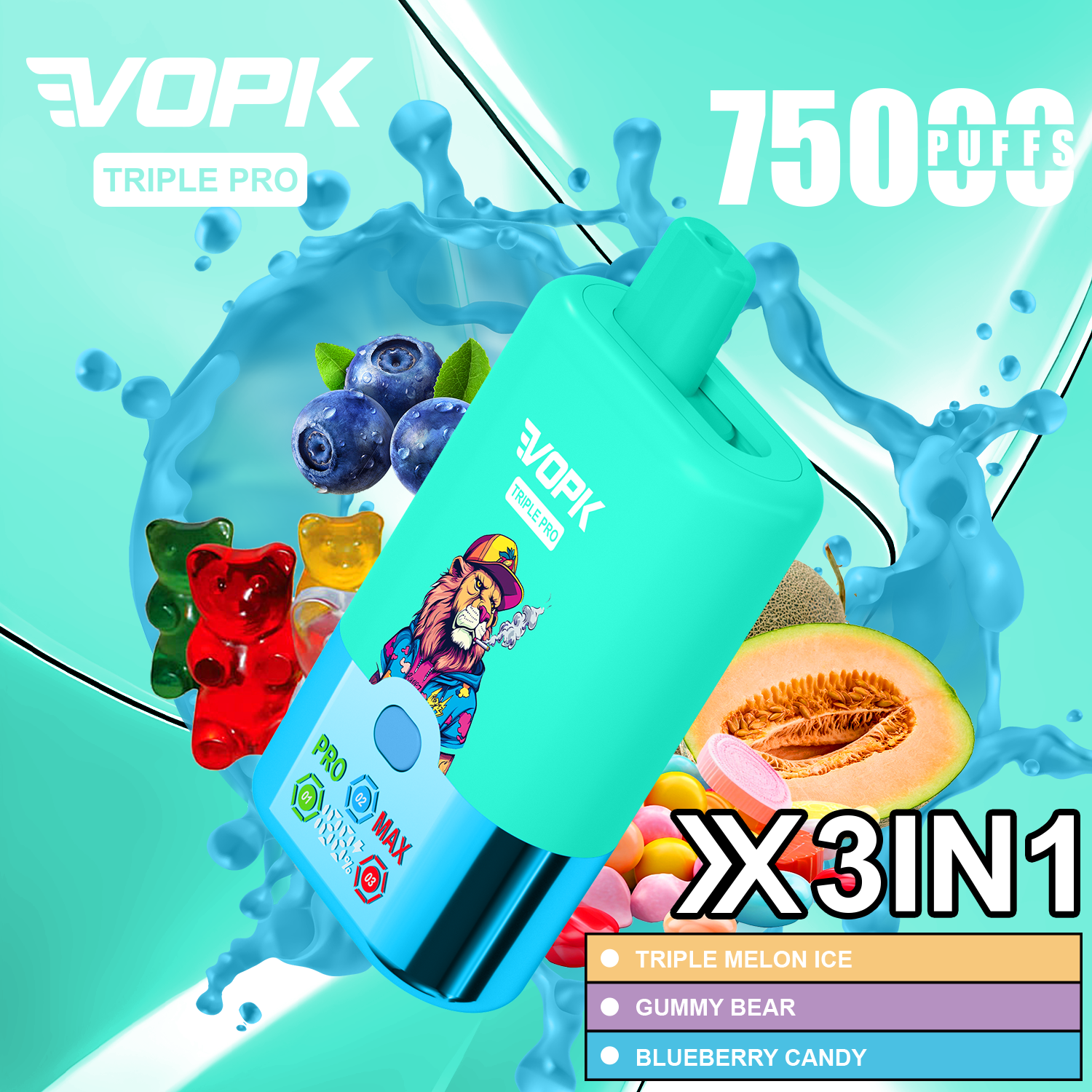 Vopk 75000 Puffs Vape with LED E-Liquid Display Grape Ice · Strawberry Watermelon Cherry