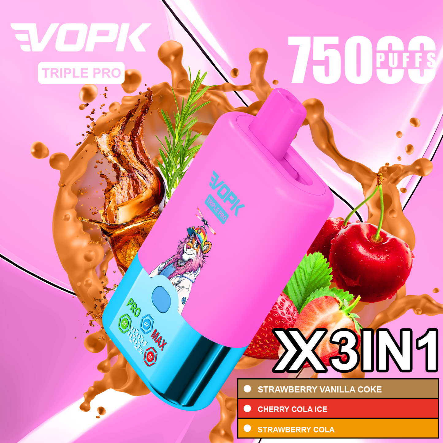 Vopk 75000 Puffs Vape with LED E-Liquid Display Grape Ice · Strawberry Watermelon Cherry