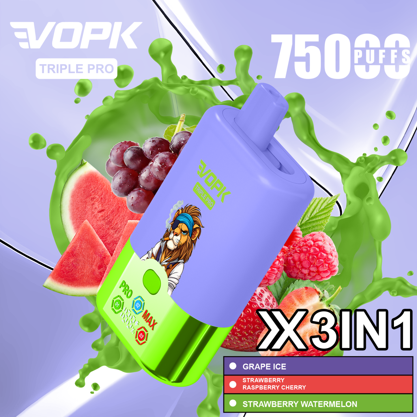 Vopk 75000 Puffs Vape with LED E-Liquid Display Grape Ice · Strawberry Watermelon Cherry