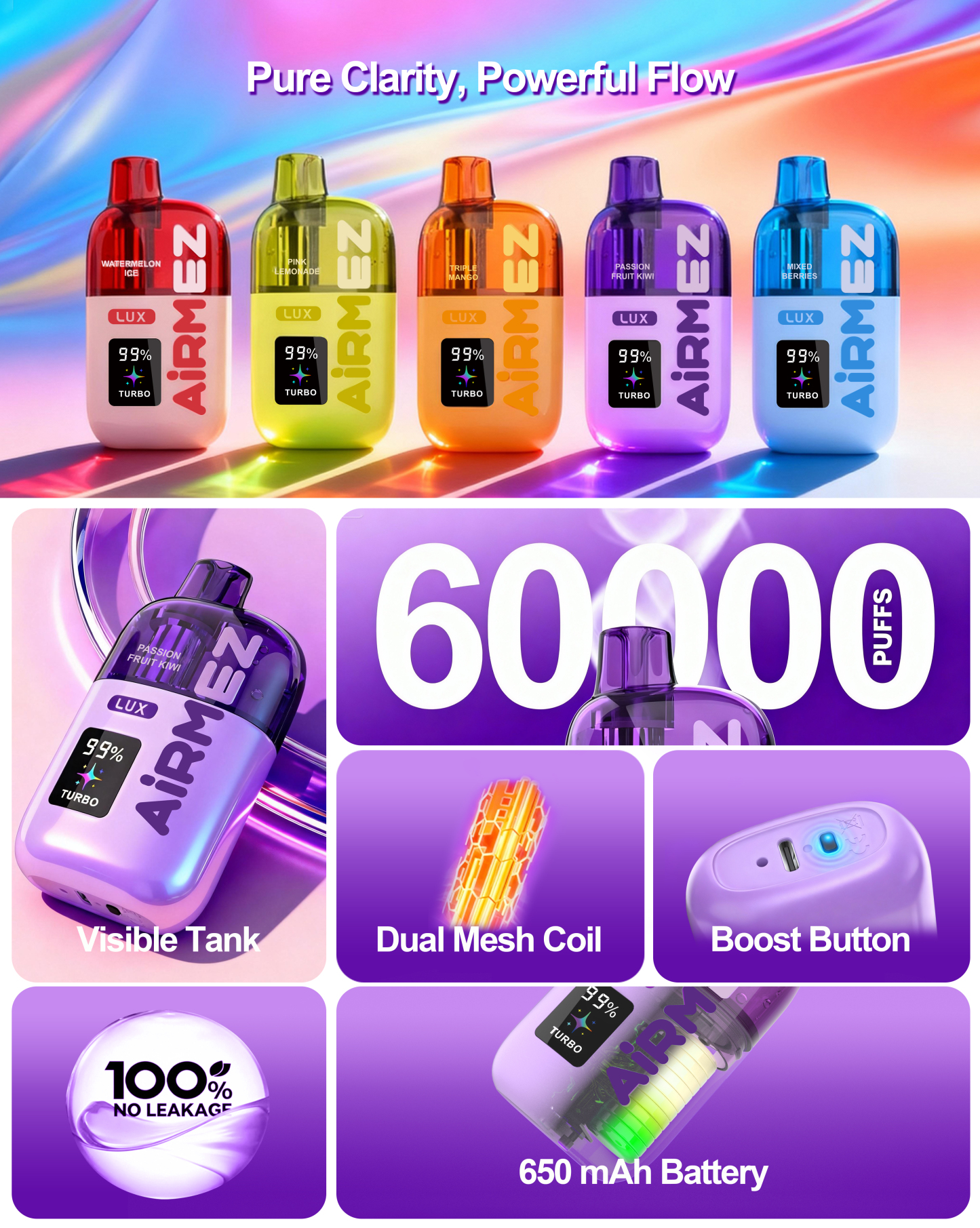Airmez Lux Rechargeable Disposable Vape 60K Visible Tank Vaper 60000 Puff Wholesale Piece Vape Germany European Warehouse