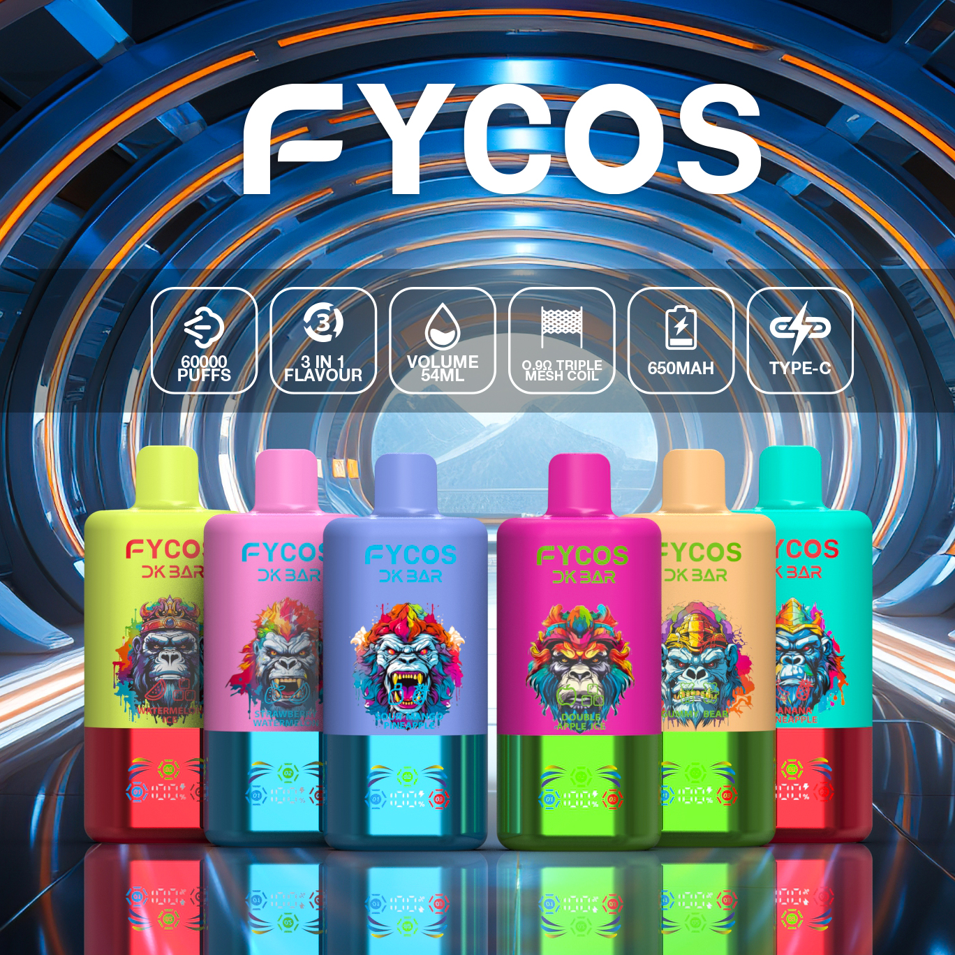 Fycos Disposable Electronic Cigarette Wholesale 3 in 1 60000 Puff Vape EU Warehouse Puff Tornado E Triple Flavor Adjust Airflow Ra Bar 60K Puff Ecigs