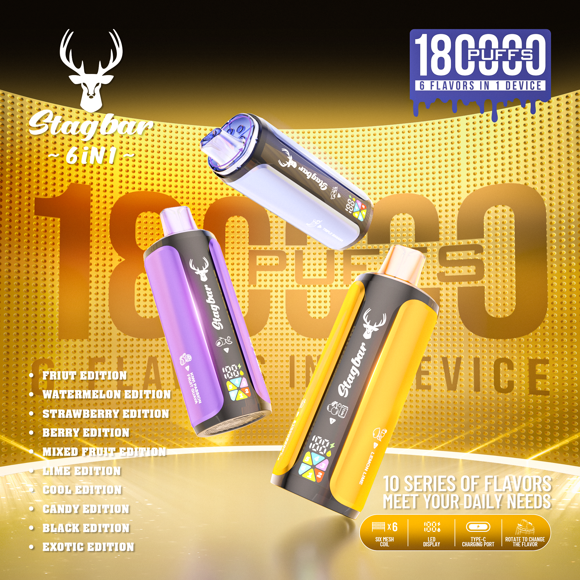 Stag Bar 6in1 180K Puffs Disposable Vape Pod Vapers 100K 80K 75K 1200K Puffs Vaporizer E Hookah Vape Cartridge Pods Stagbar 6in1 180000 Puff