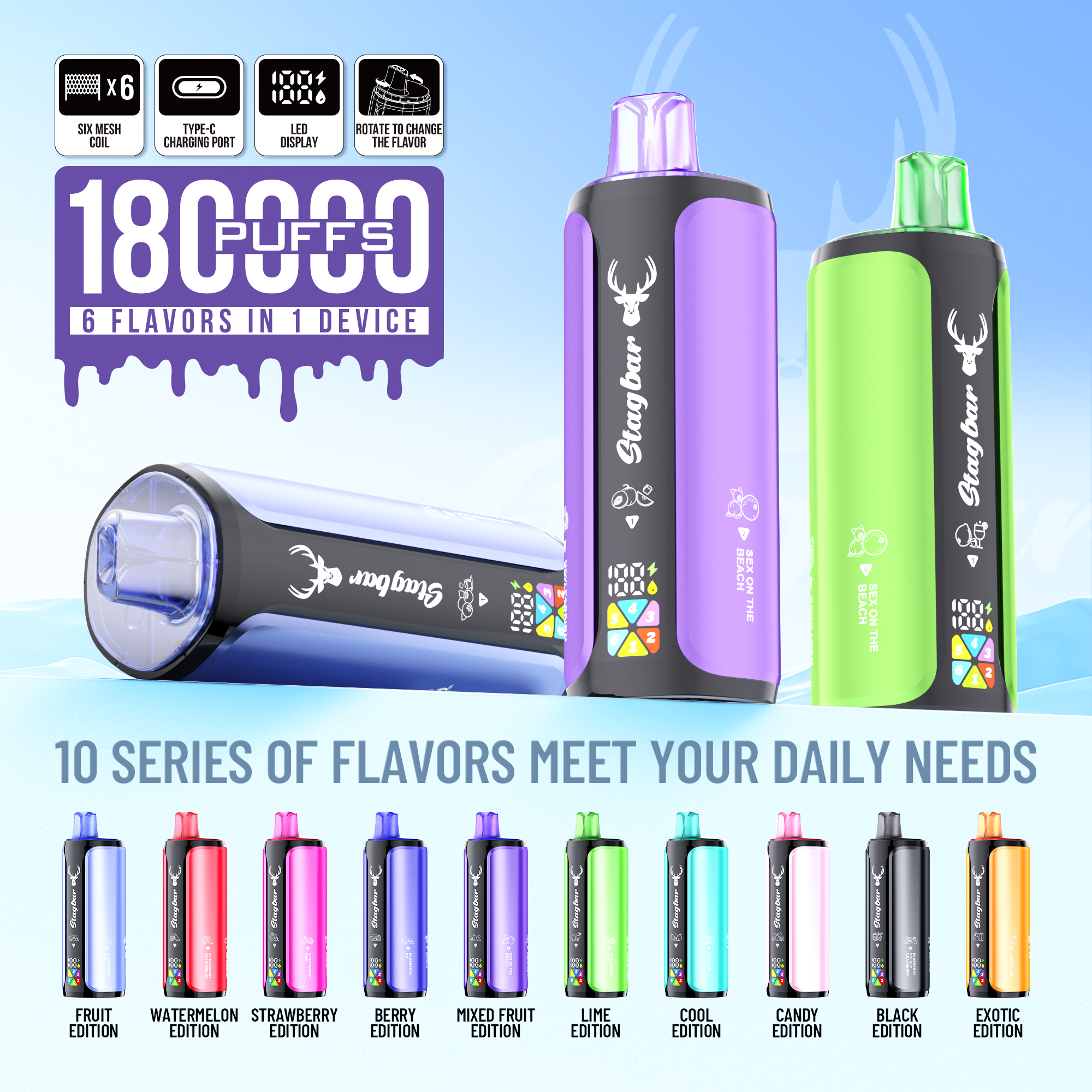 Stag Bar 6in1 180K Puffs Disposable Vape Pod Vapers 100K 80K 75K 1200K Puffs Vaporizer E Hookah Vape Cartridge Pods Stagbar 6in1 180000 Puff