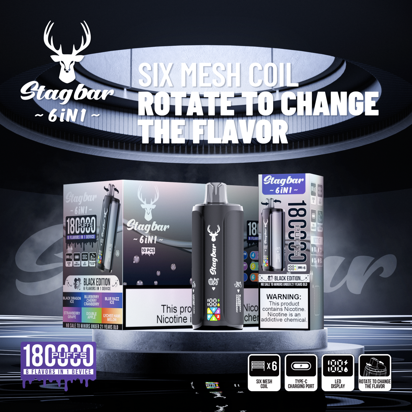 Stag Bar 6in1 180K Puffs Disposable Vape Pod Vapers 100K 80K 75K 1200K Puffs Vaporizer E Hookah Vape Cartridge Pods Stagbar 6in1 180000 Puff
