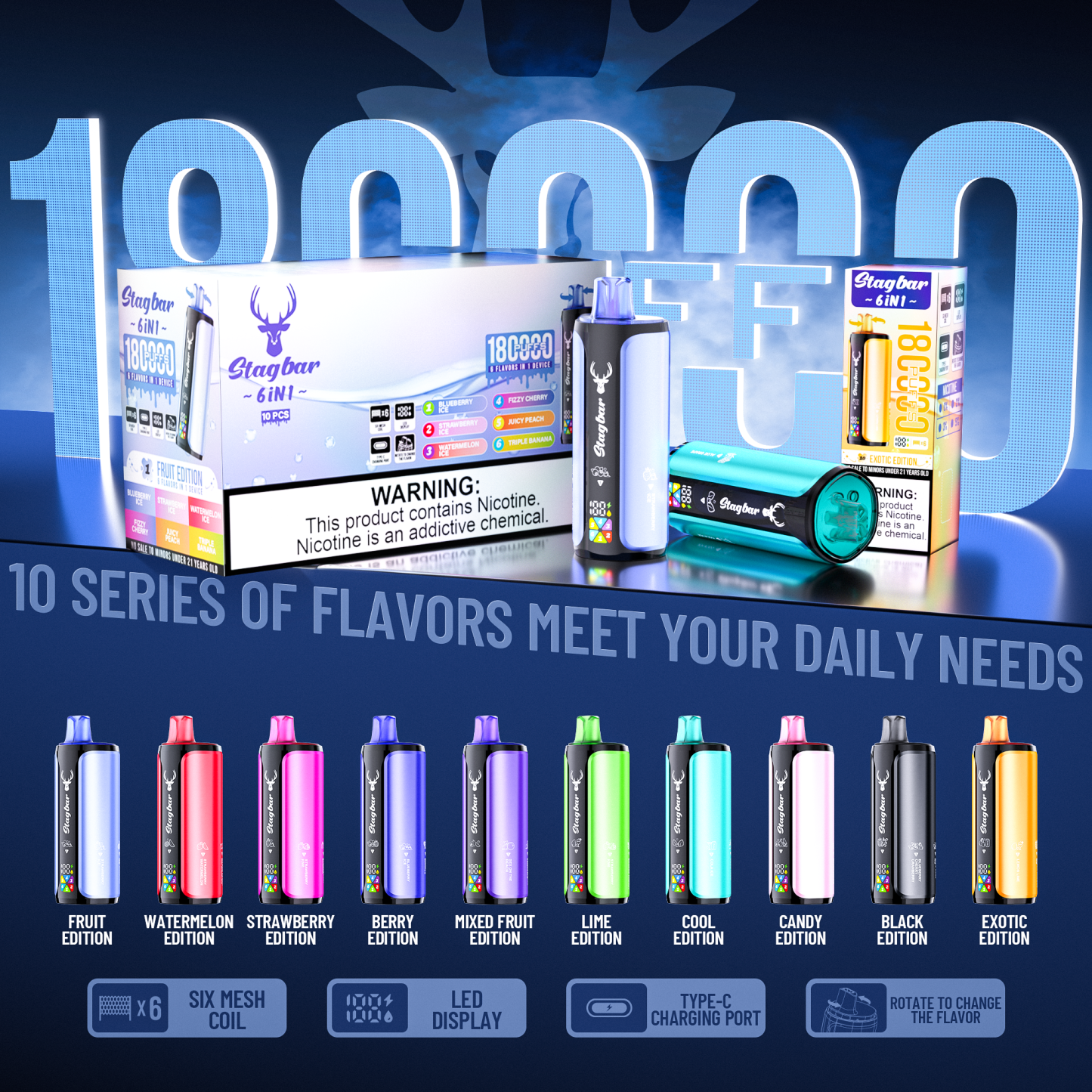 Stag Bar 6in1 180K Puffs Disposable Vape Pod Vapers 100K 80K 75K 1200K Puffs Vaporizer E Hookah Vape Cartridge Pods Stagbar 6in1 180000 Puff