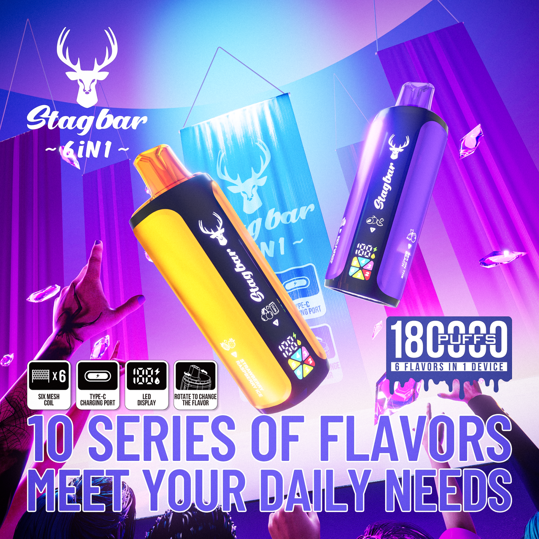 Stag Bar 6in1 180K Puffs Disposable Vape Pod Vapers 100K 80K 75K 1200K Puffs Vaporizer E Hookah Vape Cartridge Pods Stagbar 6in1 180000 Puff