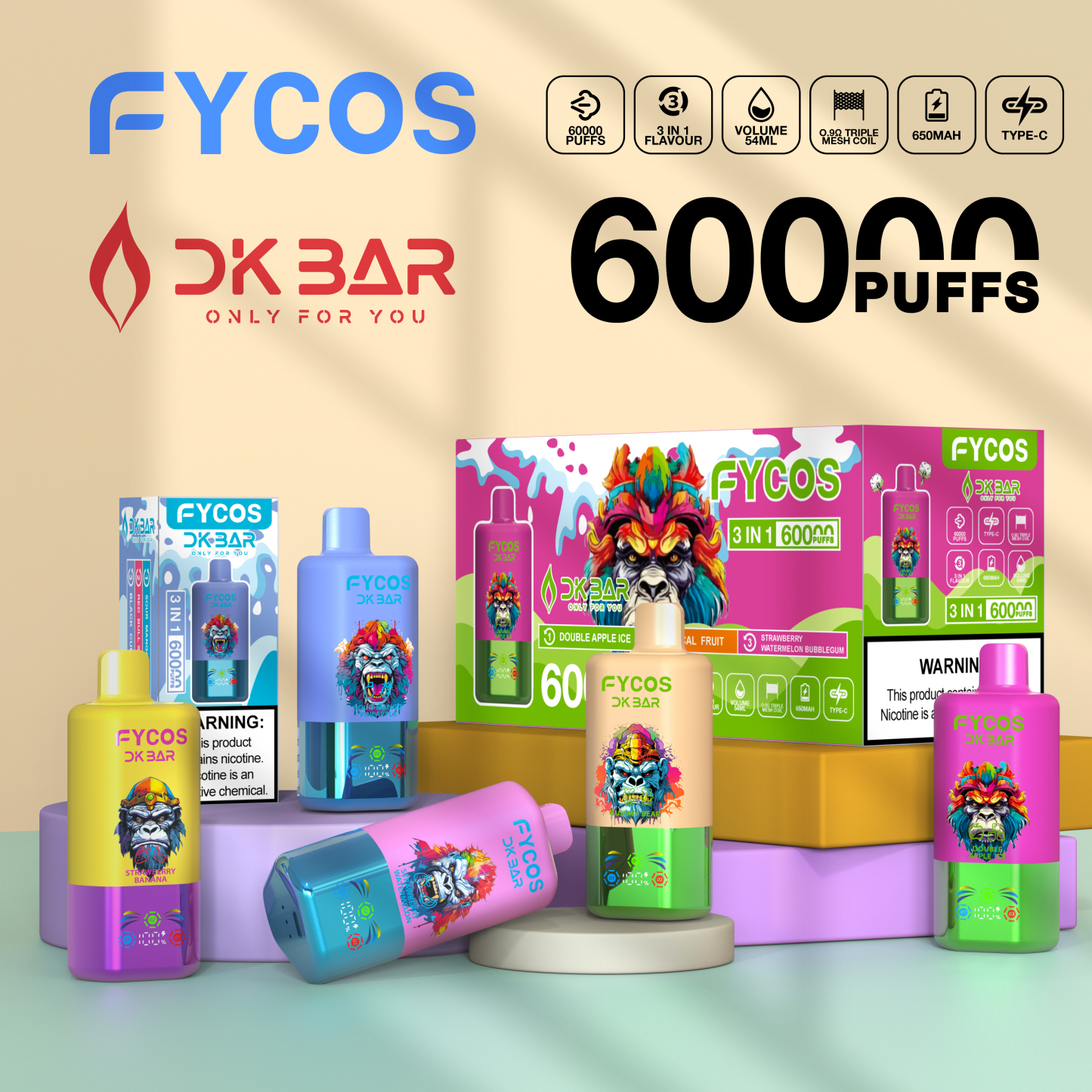 Fycos Disposable Electronic Cigarette Wholesale 3 in 1 60000 Puff Vape EU Warehouse Puff Tornado E Triple Flavor Adjust Airflow Ra Bar 60K Puff Ecigs