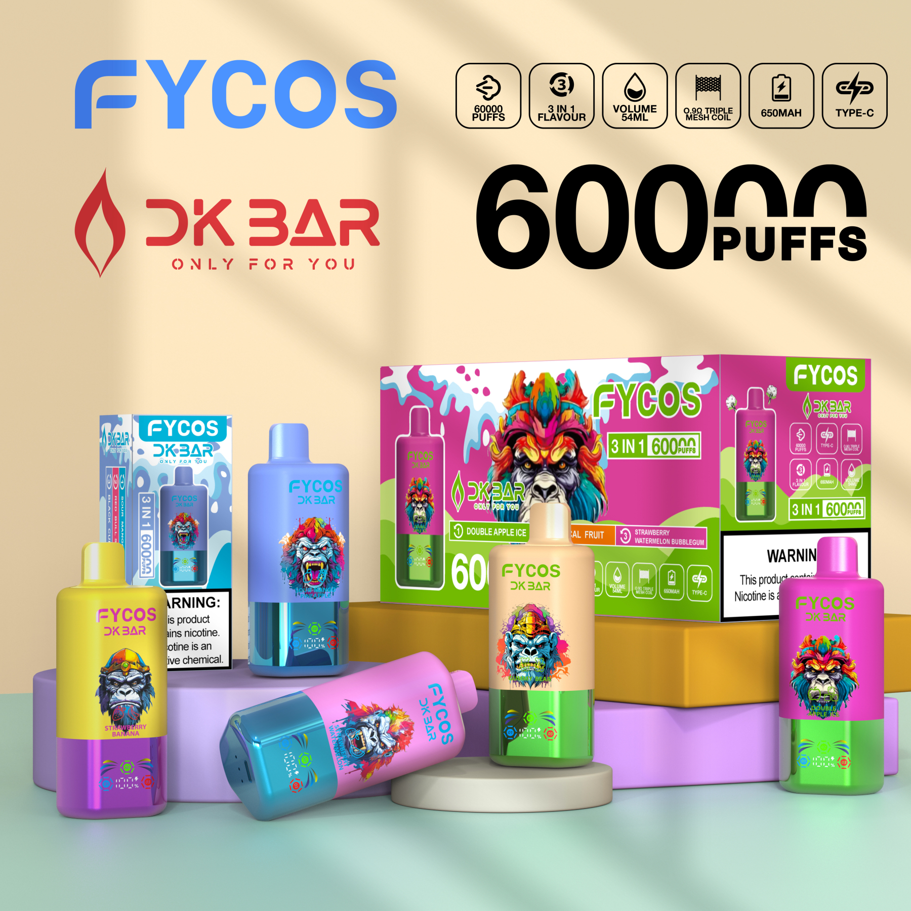Fycos Disposable Electronic Cigarette Wholesale 3 in 1 60000 Puff Vape EU Warehouse Puff Tornado E Triple Flavor Adjust Airflow Ra Bar 60K Puff Ecigs