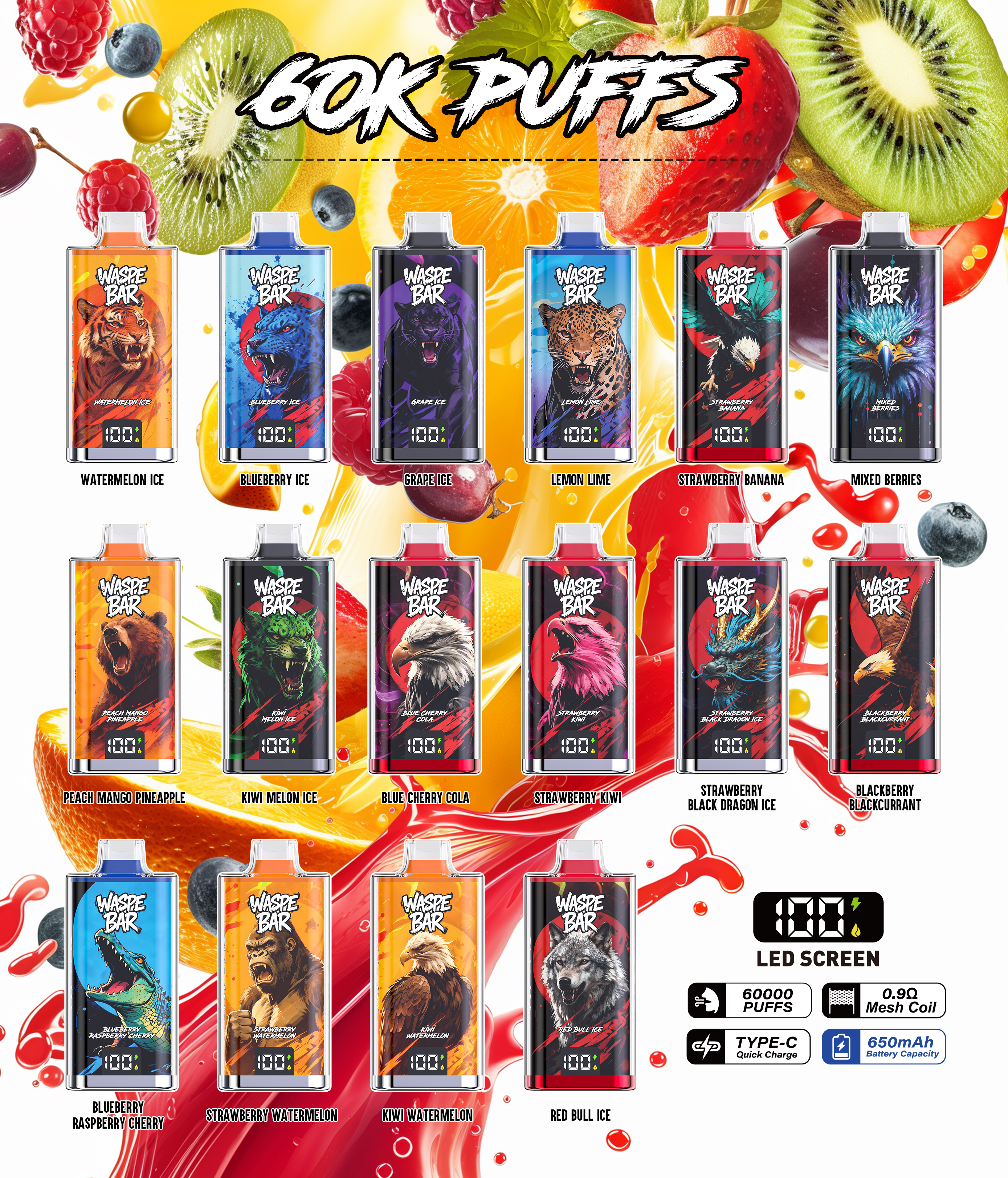 Waspe Bar 60K 60000 Puffs Disposable Vape Pen Multiple Flavors Rechargeable Mesh Coil Vape 60000 Puffs Disposable Vape Wholesale Vape Rechargeable Vape