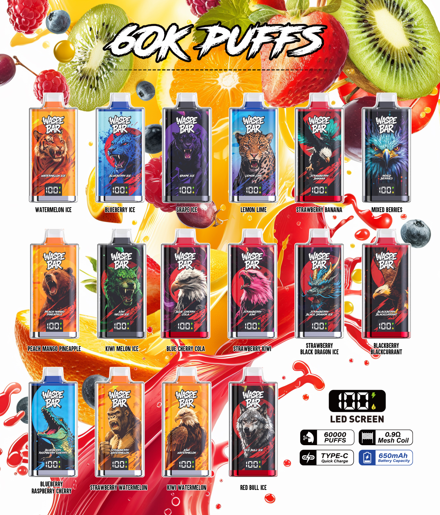 Waspe Bar 60K 60000 Puffs Disposable Vape Pen Multiple Flavors Rechargeable Mesh Coil Vape 60000 Puffs Disposable Vape Wholesale Vape Rechargeable Vape