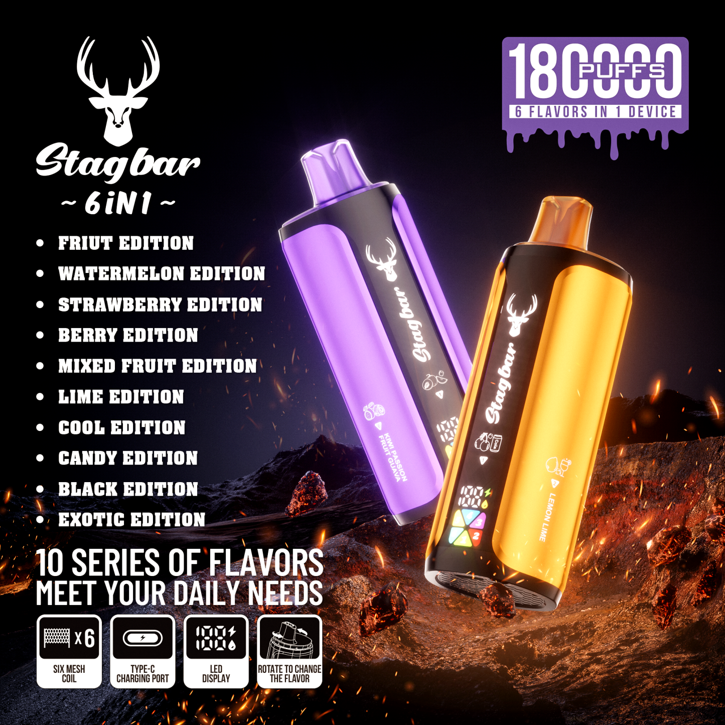 Stag Bar 6in1 180K Puffs Disposable Vape Pod Vapers 100K 80K 75K 1200K Puffs Vaporizer E Hookah Vape Cartridge Pods Stagbar 6in1 180000 Puff