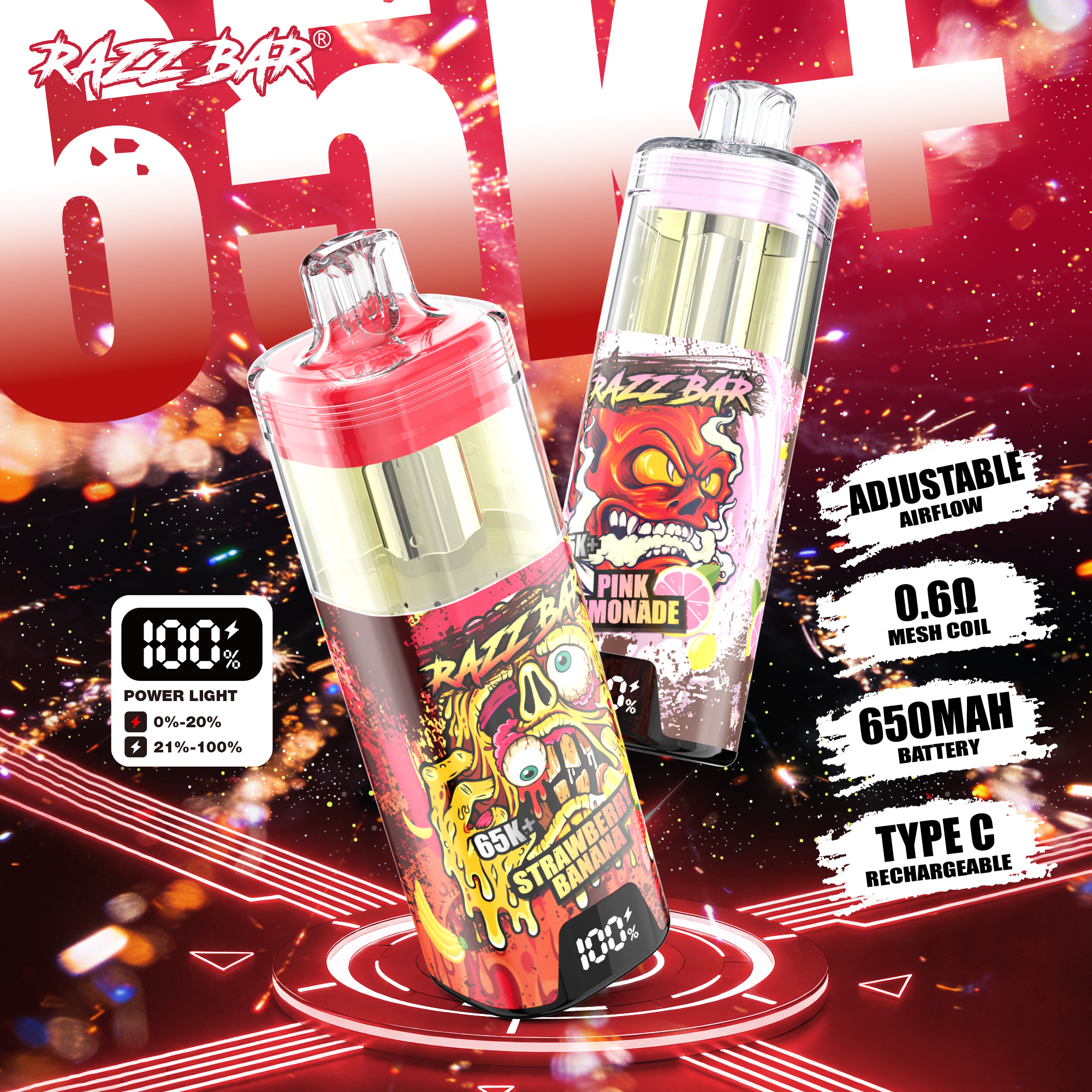 EU Wholesale Vape Pen E Cigarette Razz Bar 65k Puffs Vape Disposable E Cigarette Wape RazzBar Vaper