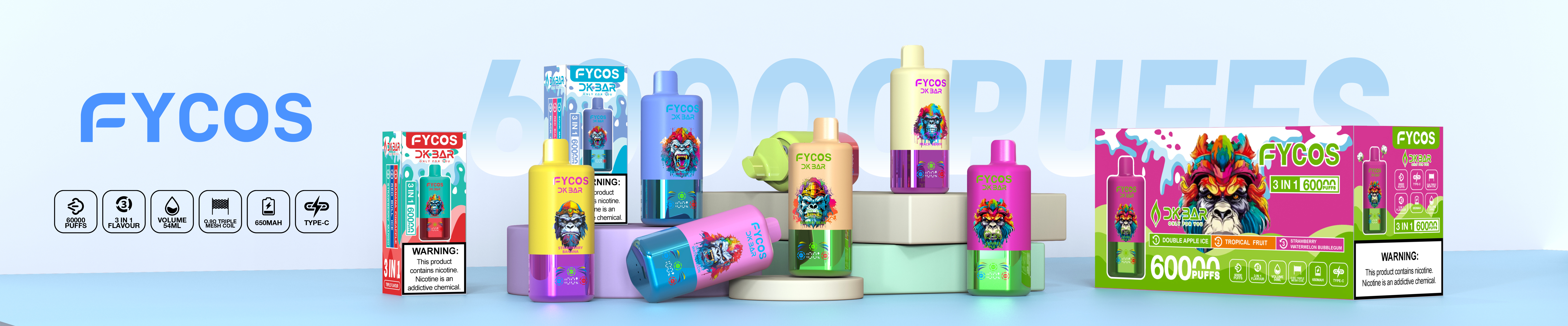 Fycos Disposable Electronic Cigarette Wholesale 3 in 1 60000 Puff Vape EU Warehouse Puff Tornado E Triple Flavor Adjust Airflow Ra Bar 60K Puff Ecigs