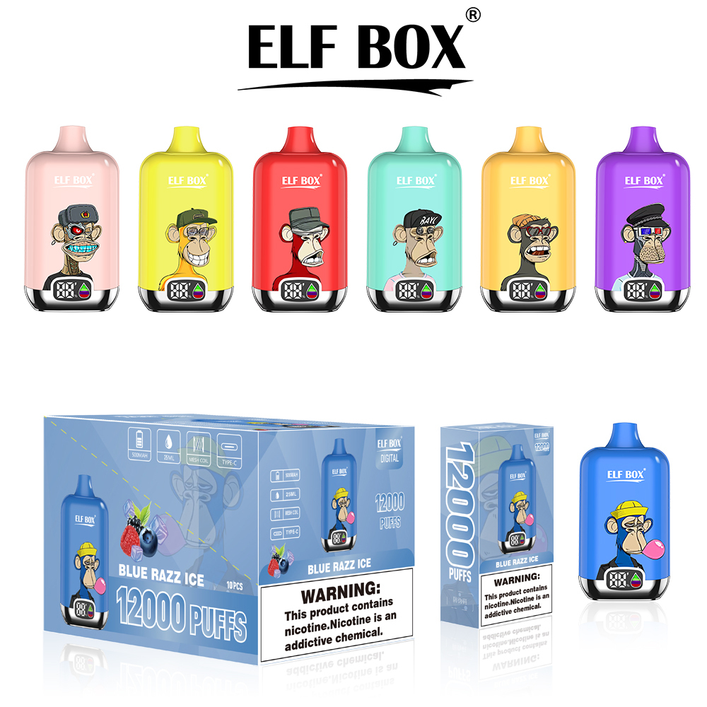 Original ELF BOX digital 12000 Puffs Puff 12k Disposable Vape LED Display Mesh Coil Adjustable Airflow Pre-filled 25ml Rechargeable -Ecloudvaping