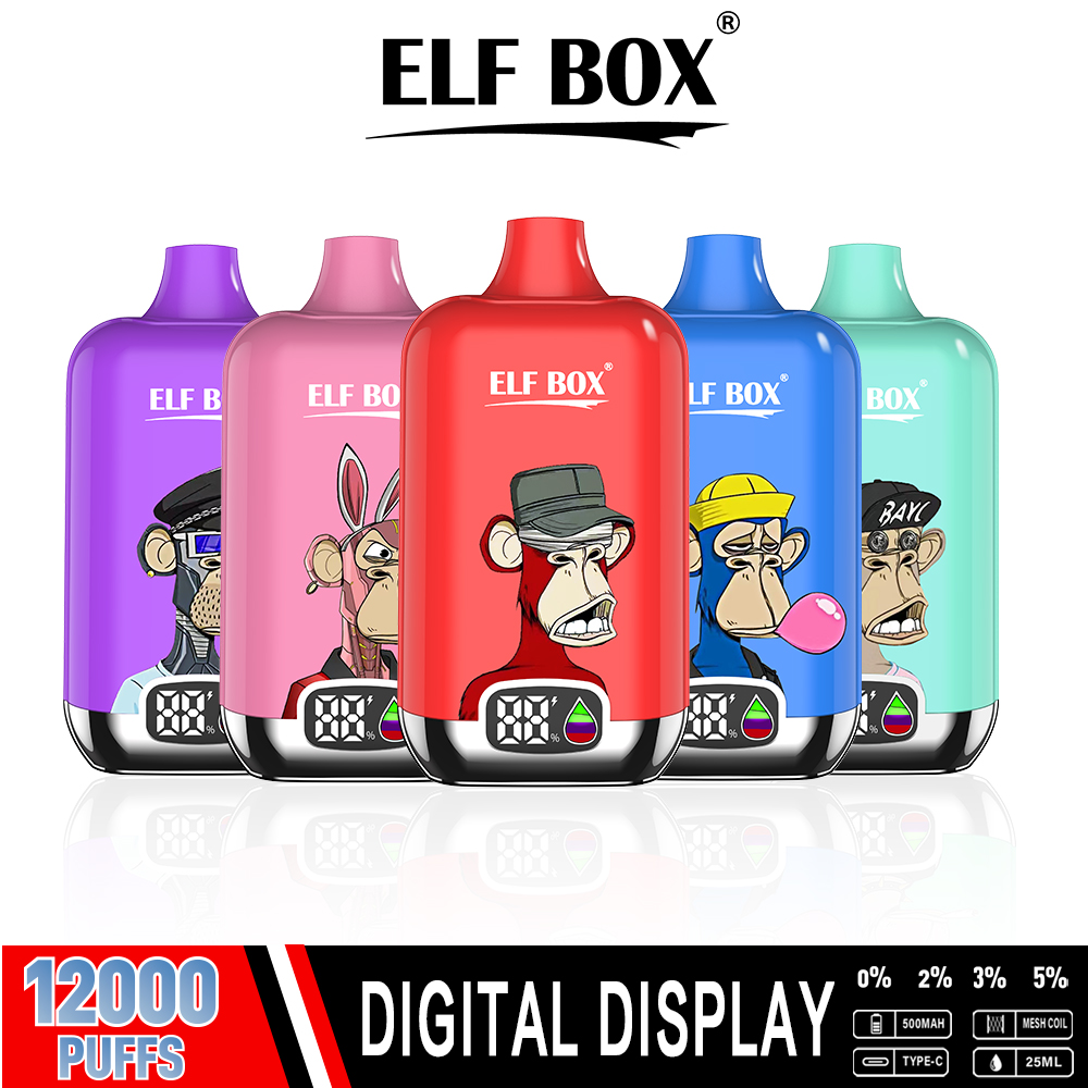 Original ELF BOX digital 12000 Puffs Puff 12k Disposable Vape LED Display Mesh Coil Adjustable Airflow Pre-filled 25ml Rechargeable -Ecloudvaping