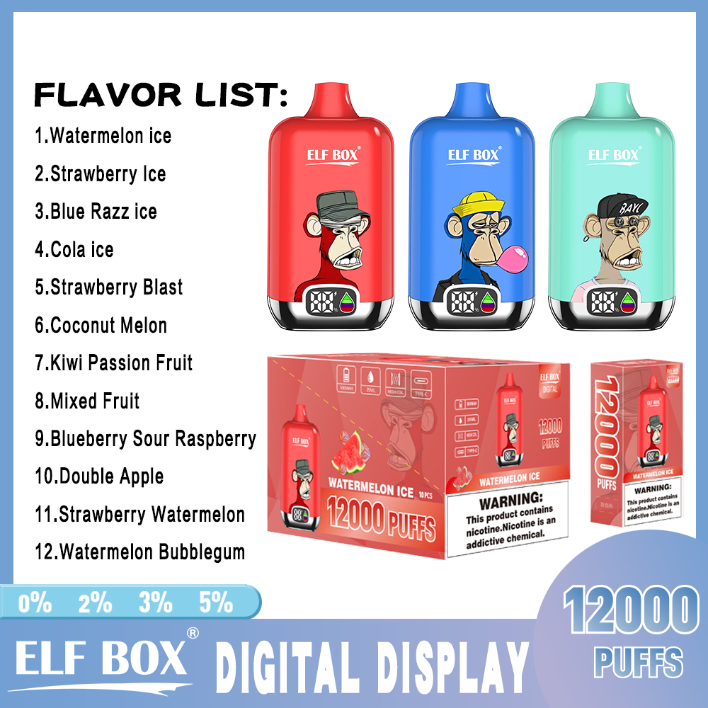 Original ELF BOX digital 12000 Puffs Puff 12k Disposable Vape LED Display Mesh Coil Adjustable Airflow Pre-filled 25ml Rechargeable -Ecloudvaping