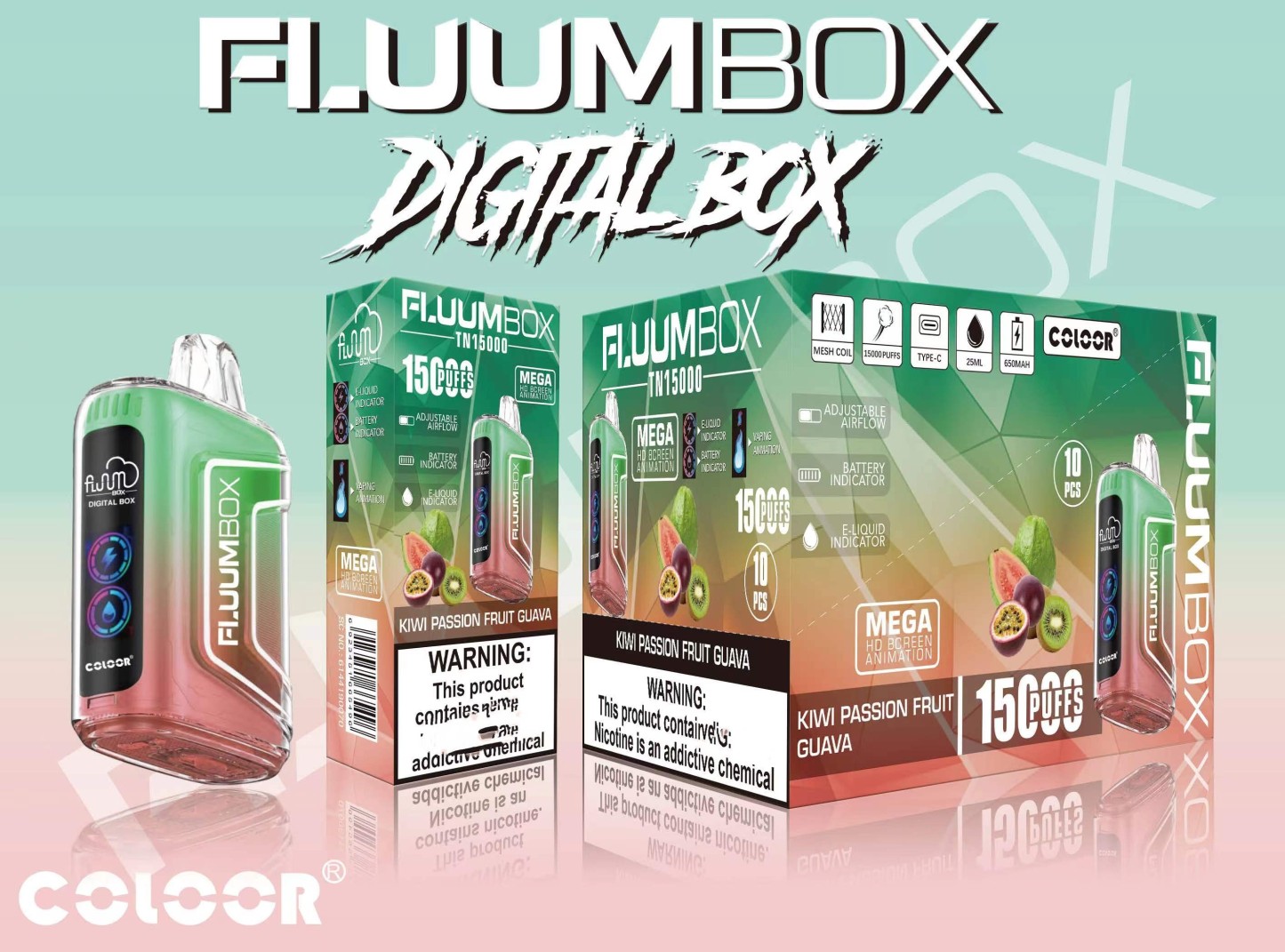 Original Fluum Box 15000 puffs Digital box Tn15000 Disposable E Cigarettes Vape Pen 25Ml Pre-Filled 12 Favors Mesh Coil Pods Cartridge 650Mah Rechargeable-Ecloudvaping