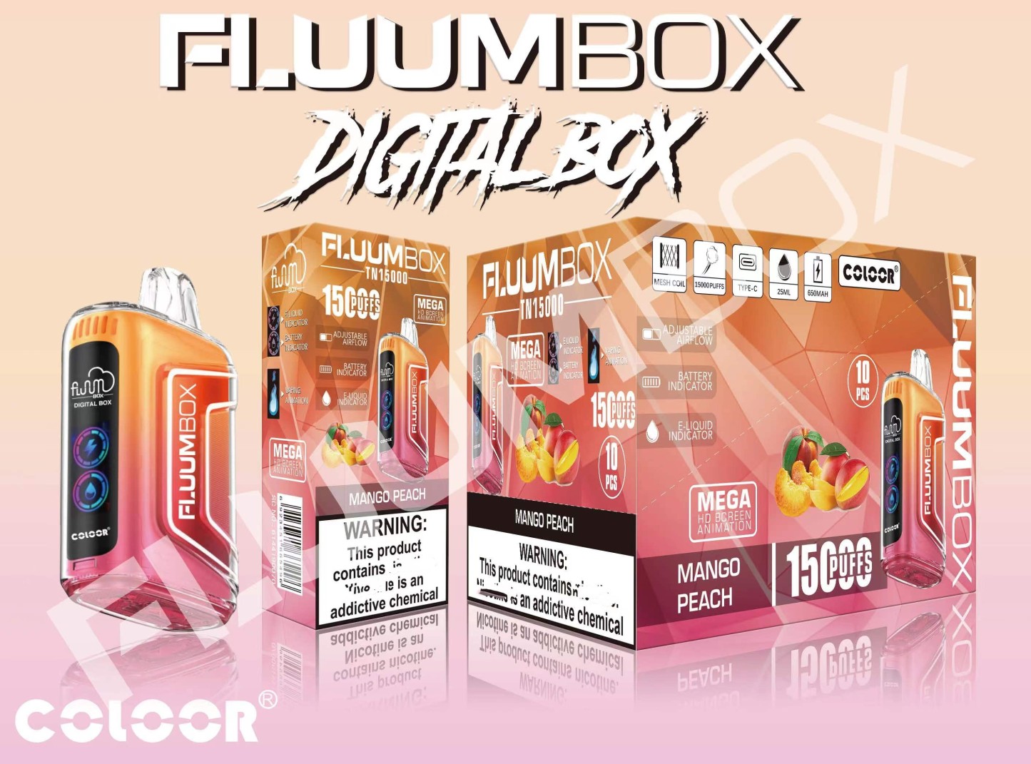 Original Fluum Box 15000 puffs Digital box Tn15000 Disposable E Cigarettes Vape Pen 25Ml Pre-Filled 12 Favors Mesh Coil Pods Cartridge 650Mah Rechargeable-Ecloudvaping