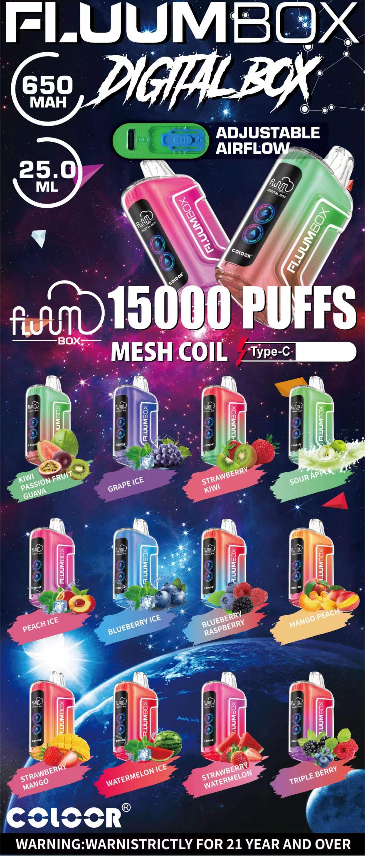Original Fluum Box 15000 puffs Digital box Tn15000 Disposable E Cigarettes Vape Pen 25Ml Pre-Filled 12 Favors Mesh Coil Pods Cartridge 650Mah Rechargeable-Ecloudvaping
