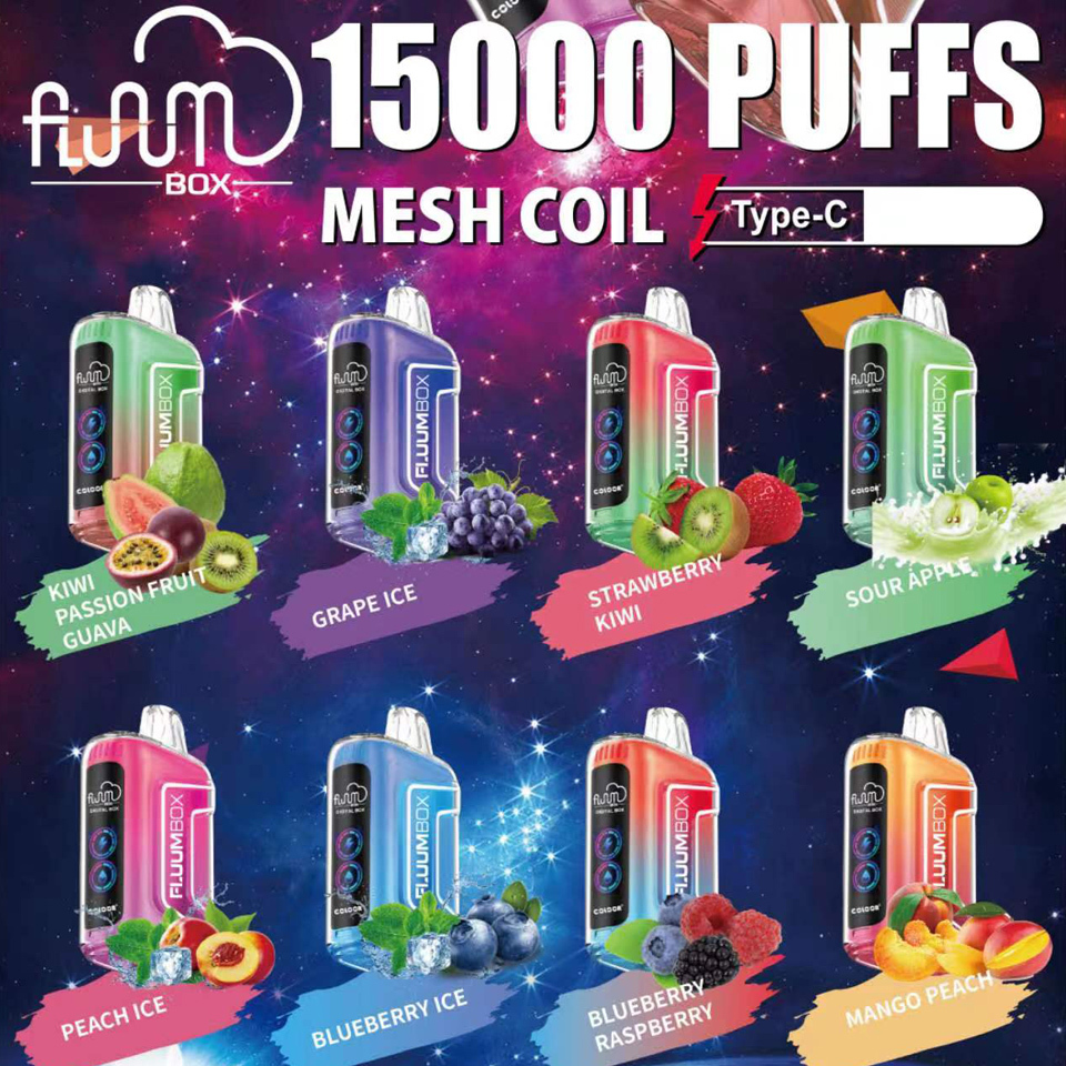 Original Fluum Box 15000 puffs Digital box Tn15000 Disposable E Cigarettes Vape Pen 25Ml Pre-Filled 12 Favors Mesh Coil Pods Cartridge 650Mah Rechargeable-Ecloudvaping