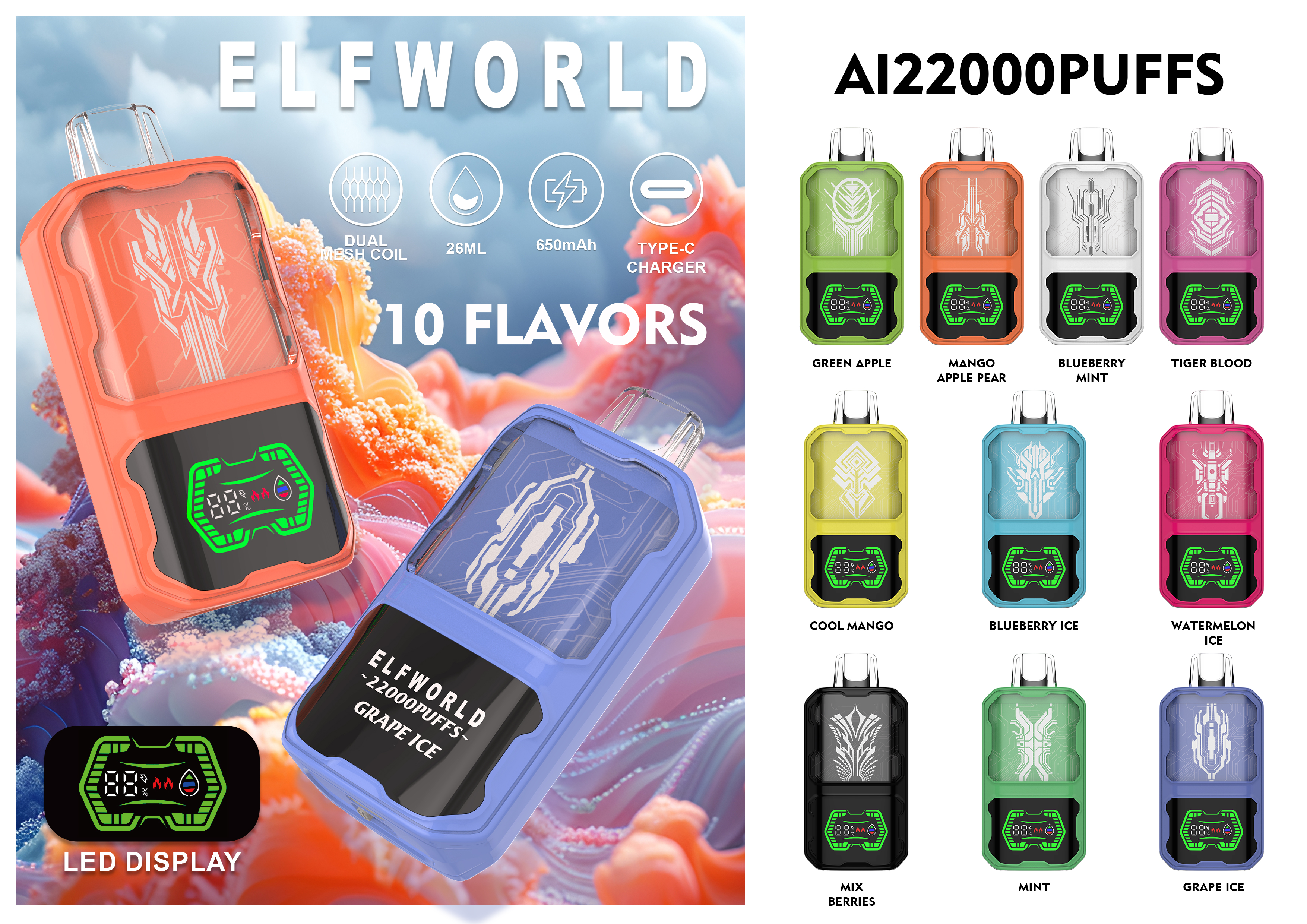 Original Elfworld Ai22000 Puff 26ml E Liquid 650mAh Dual Mesh Coil Geek Price Bar Bang Vape 20000 Puffs E Cigarette 10 Flavors
