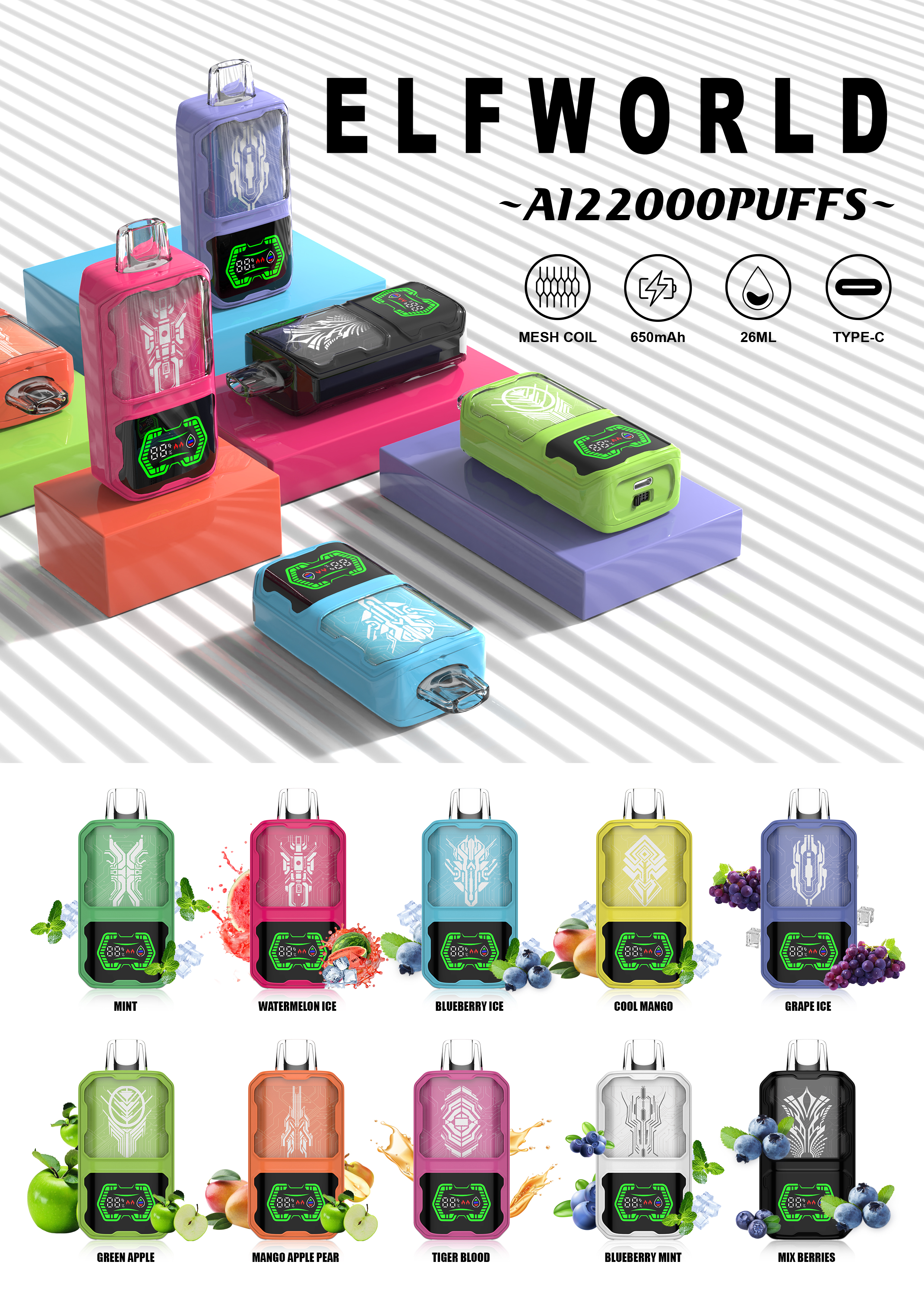 Original Elfworld Ai22000 Puff 26ml E Liquid 650mAh Dual Mesh Coil Geek Price Bar Bang Vape 20000 Puffs E Cigarette 10 Flavors