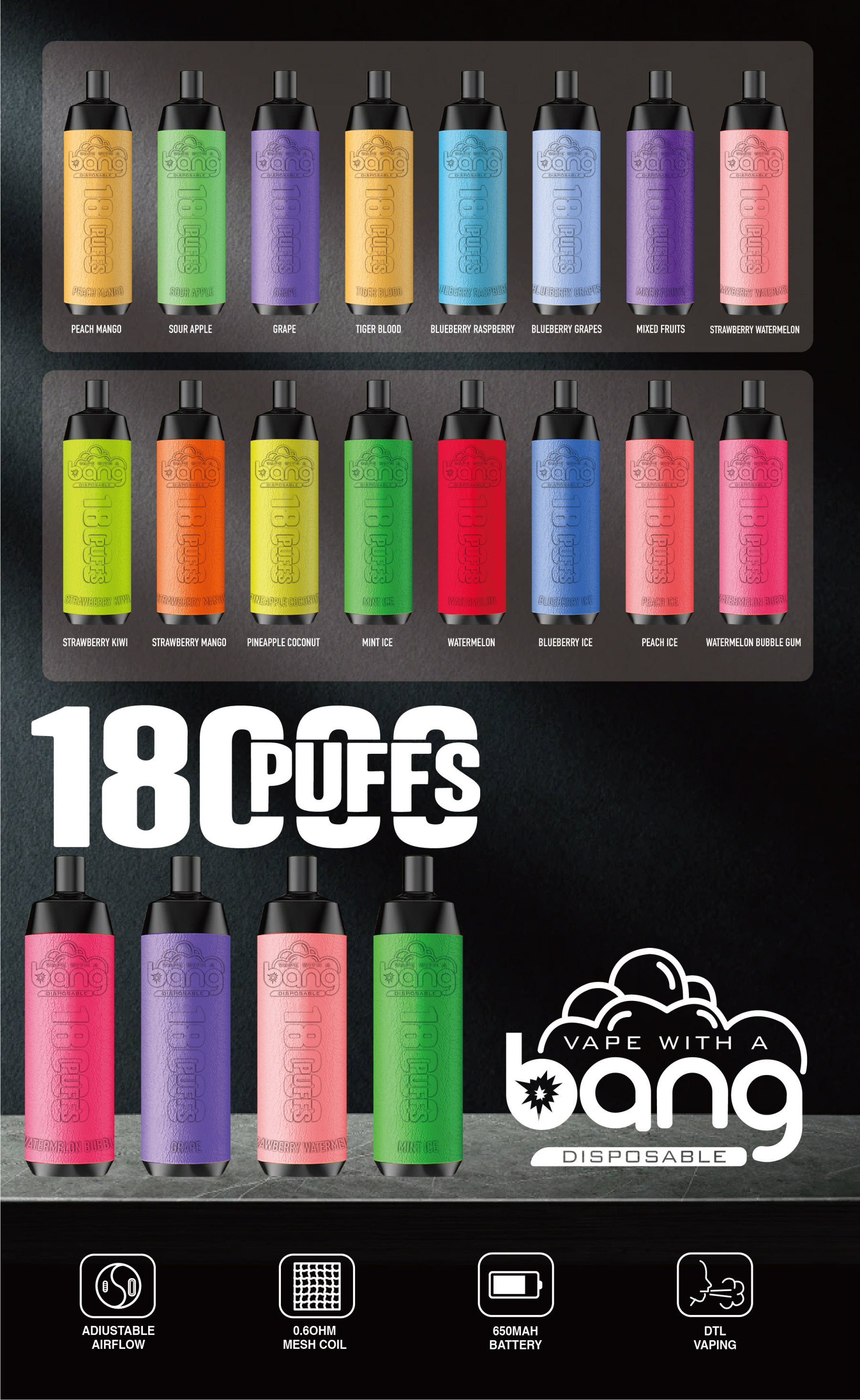 Original Bang 18000 puffs Disposable Vape Mesh Coil Shisha Bar Style Detachable E Cigarette Adjustable Airflow Pod Device puff 18k vaper vs Al Fakher Big Cloud-Ecloudvaping